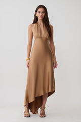 Adelie Asymmetric Hem Halter Midi Dress - Cognac