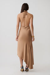 Adelie Asymmetric Hem Halter Midi Dress - Cognac