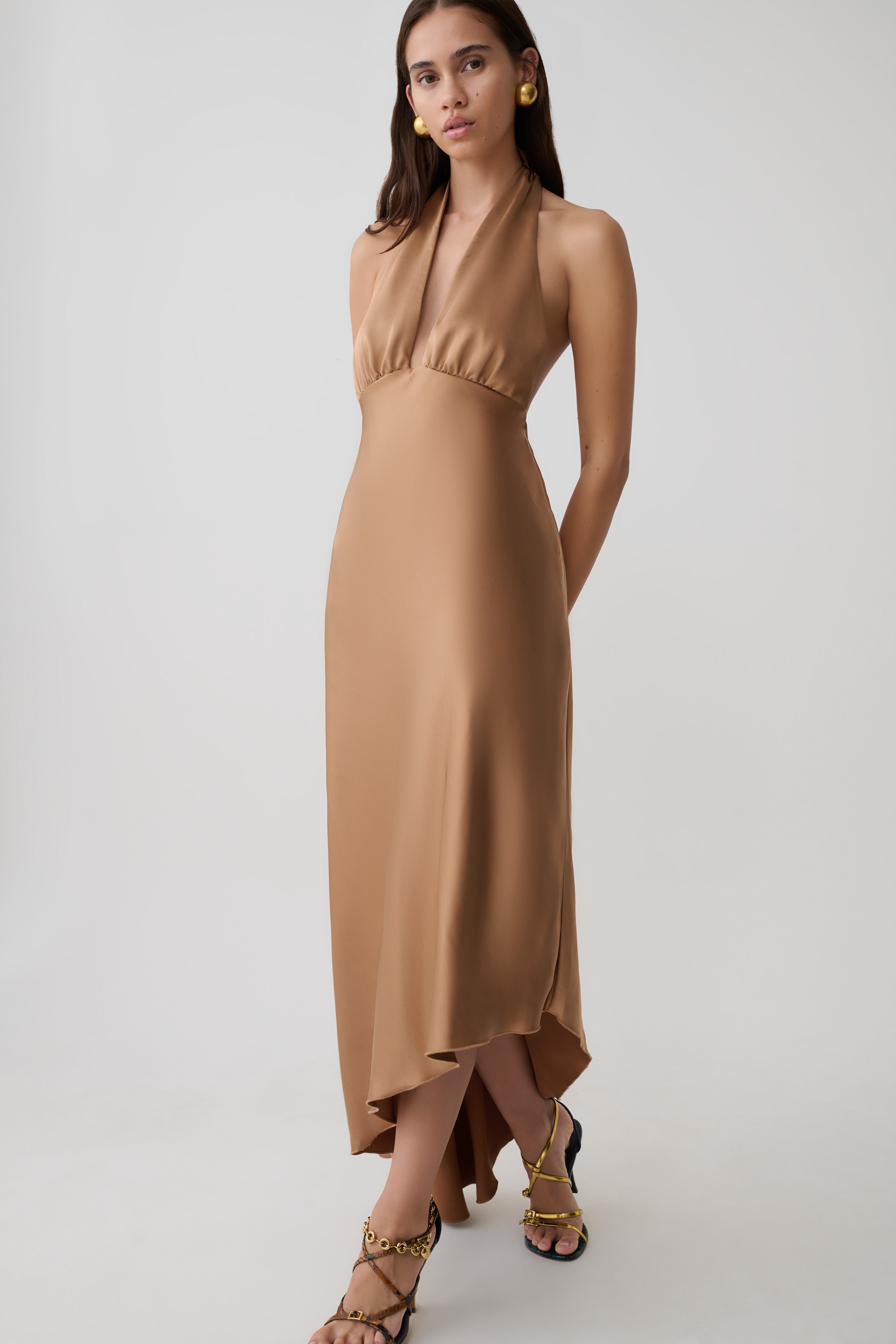 Adelie Asymmetric Hem Halter Midi Dress - Cognac