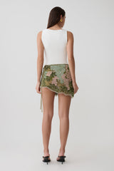 Garner Hand Beaded Mini Skirt - Green Electric Botanica Print