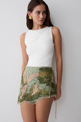 Garner Hand Beaded Mini Skirt - Green Electric Botanica Print