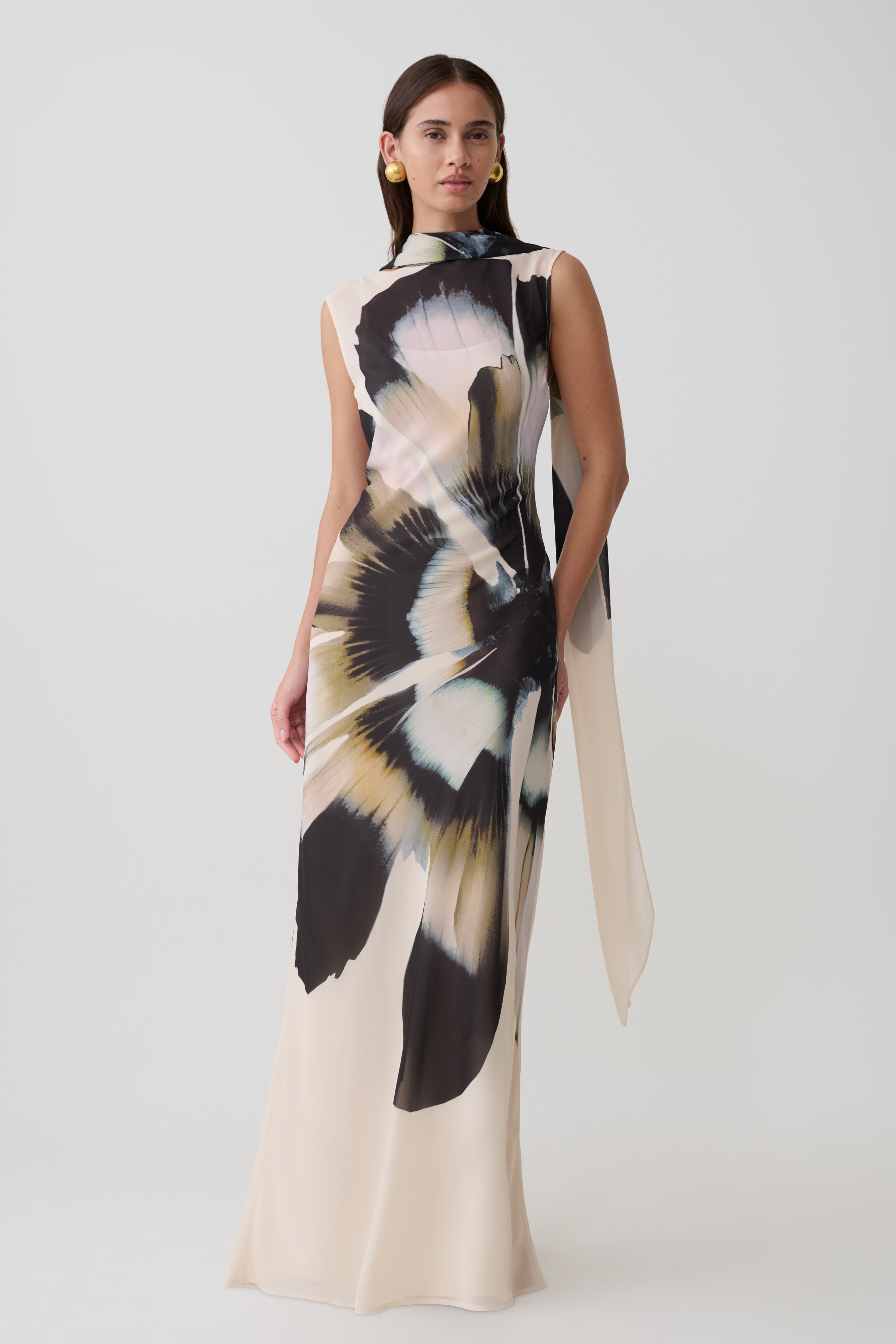 Dakota Chiffon Maxi Dress With Scarf - Ivory Oversized Floral Print