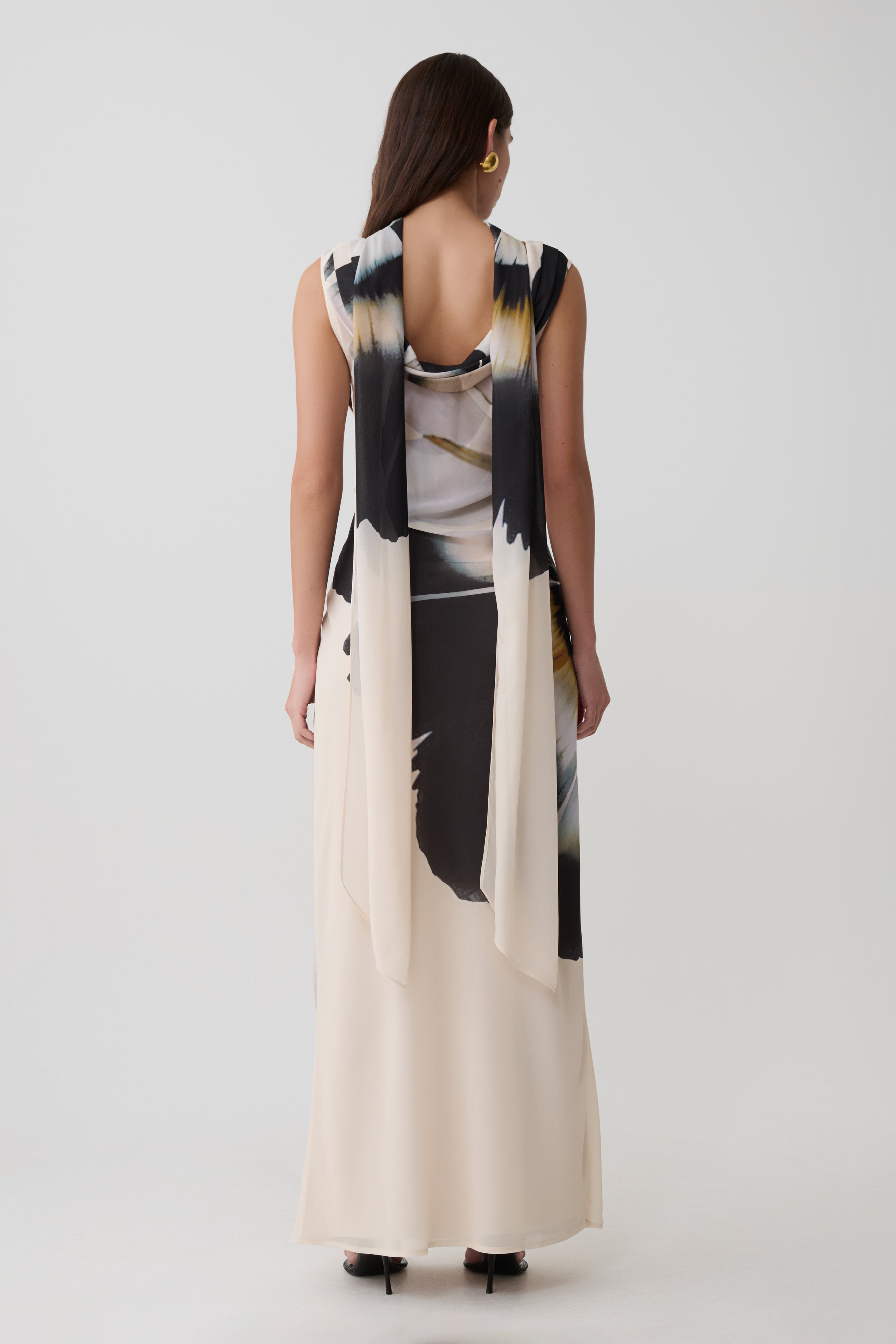 Dakota Chiffon Maxi Dress With Scarf - Ivory Oversized Floral Print