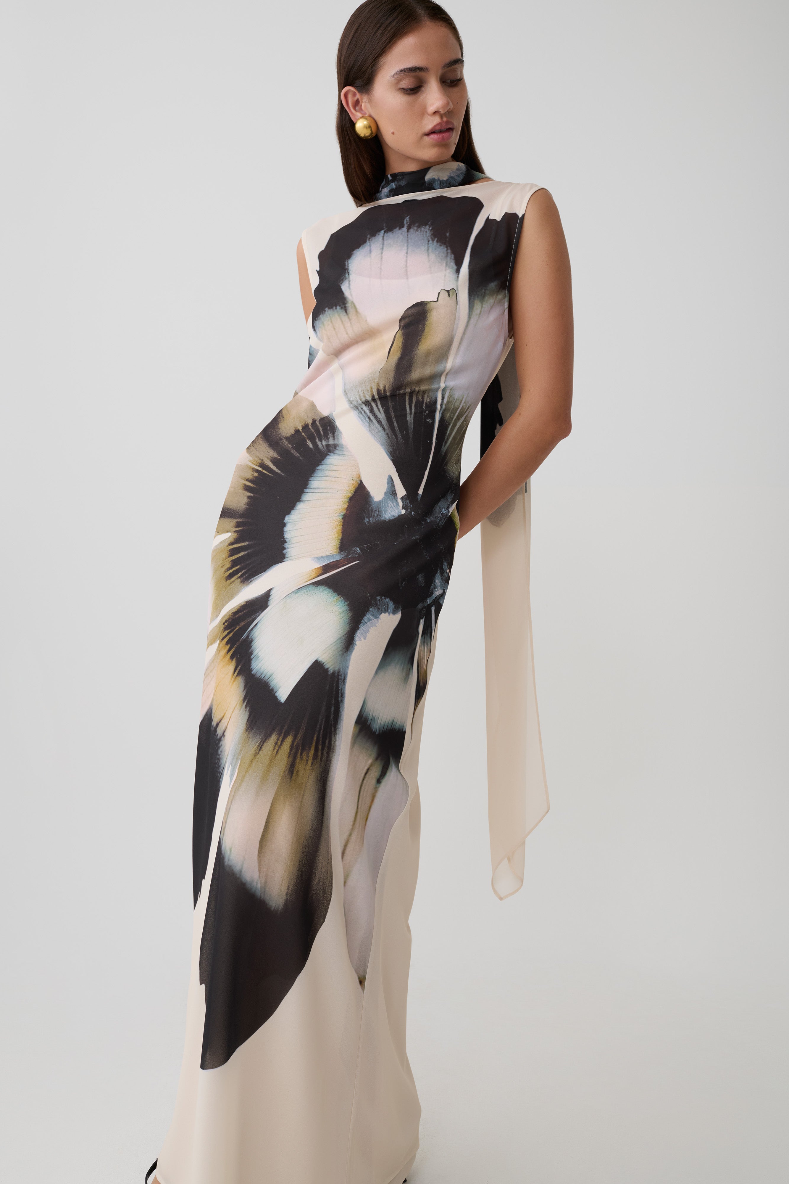 Dakota Chiffon Maxi Dress With Scarf - Ivory Oversized Floral Print