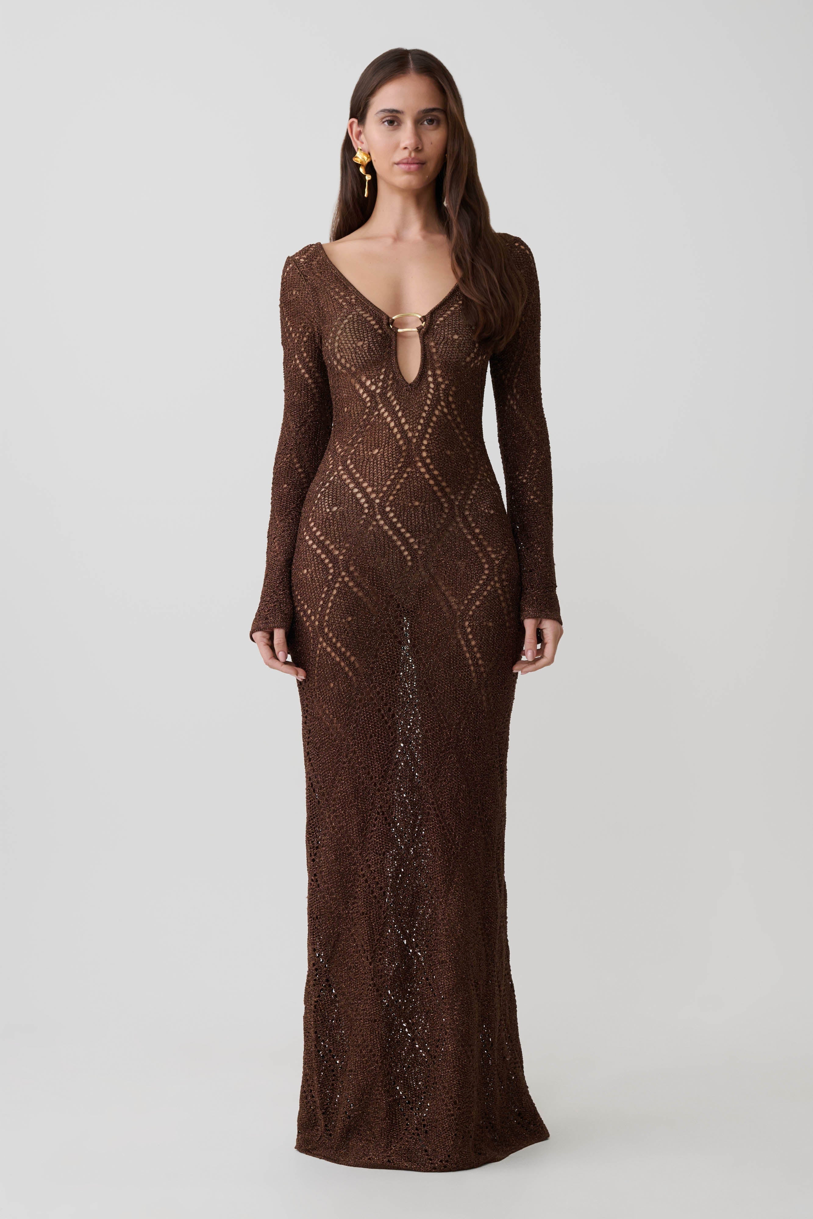 Chelsea Lurex Crochet Maxi Dress - Bronze