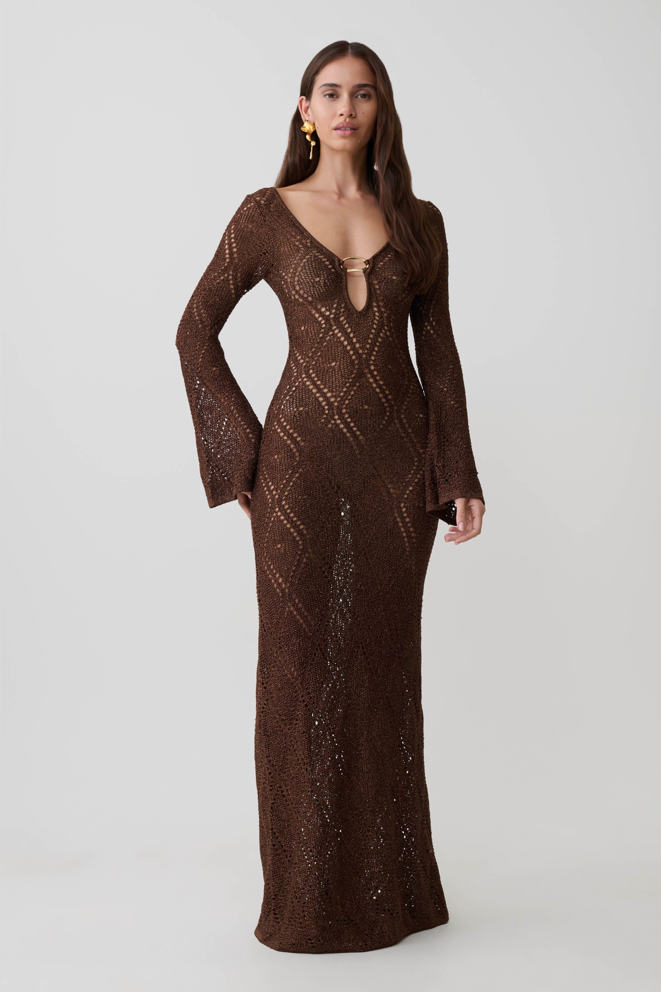 Chelsea Lurex Crochet Maxi Dress - Bronze