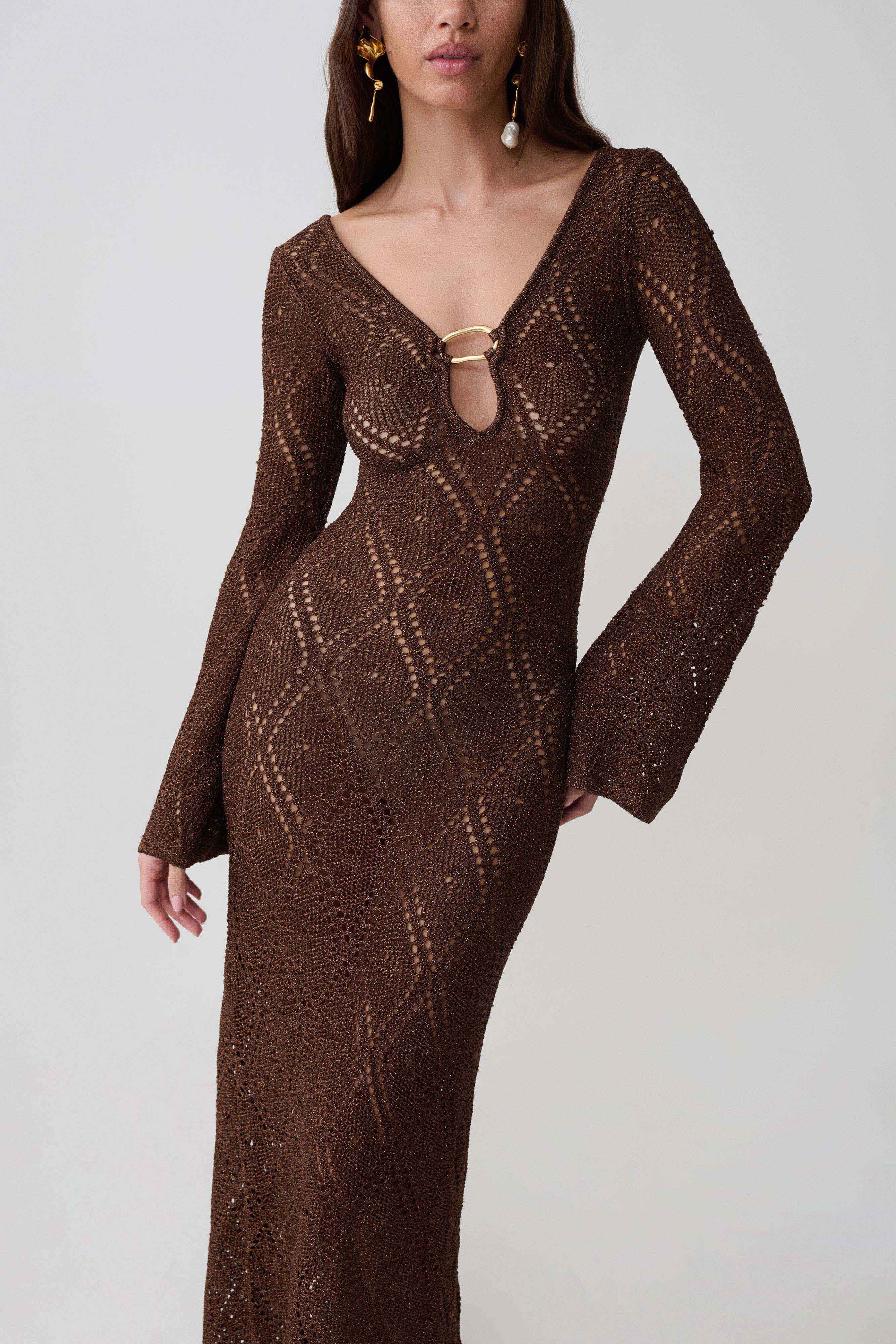 Chelsea Lurex Crochet Maxi Dress - Bronze