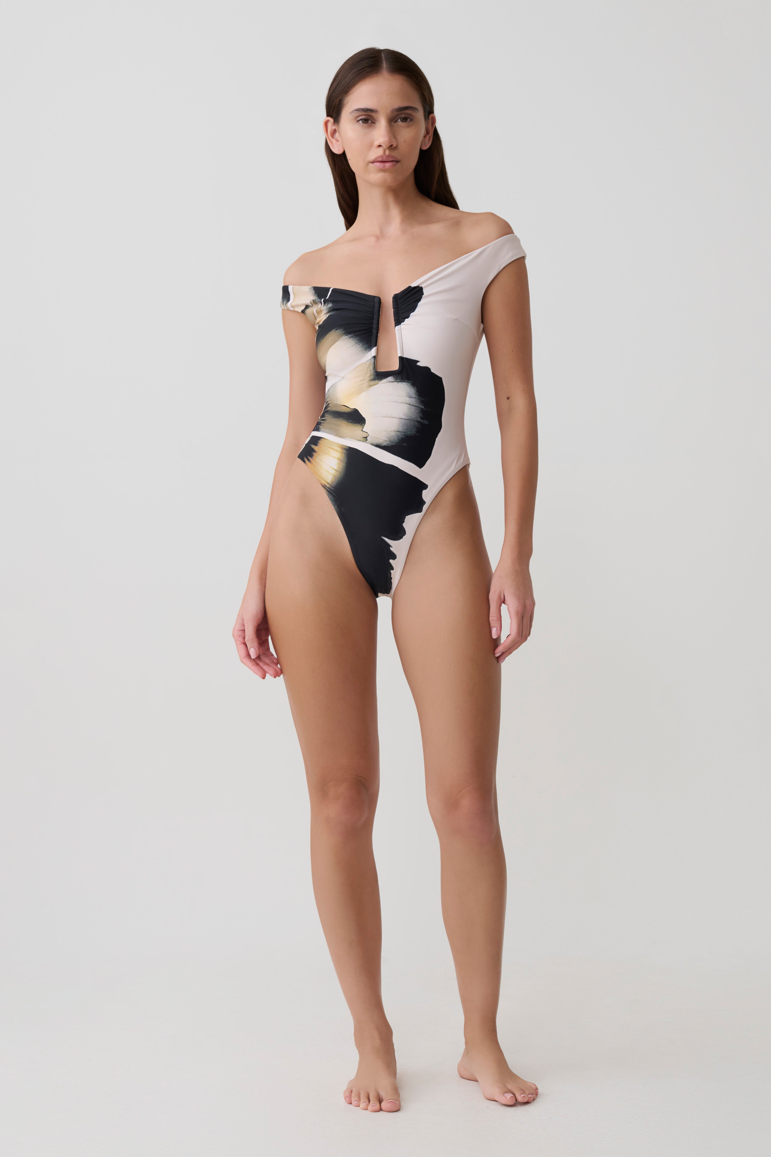 Yumi U-Wire Plunge One Piece Swimsuit - Ivory Base Floral Print
