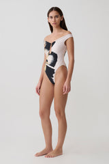 Yumi U-Wire Plunge One Piece Swimsuit - Ivory Base Floral Print
