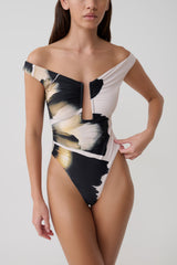 Yumi U-Wire Plunge One Piece Swimsuit - Ivory Base Floral Print