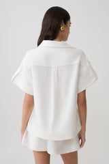 Selena Linen Short Sleeve Shirt - White