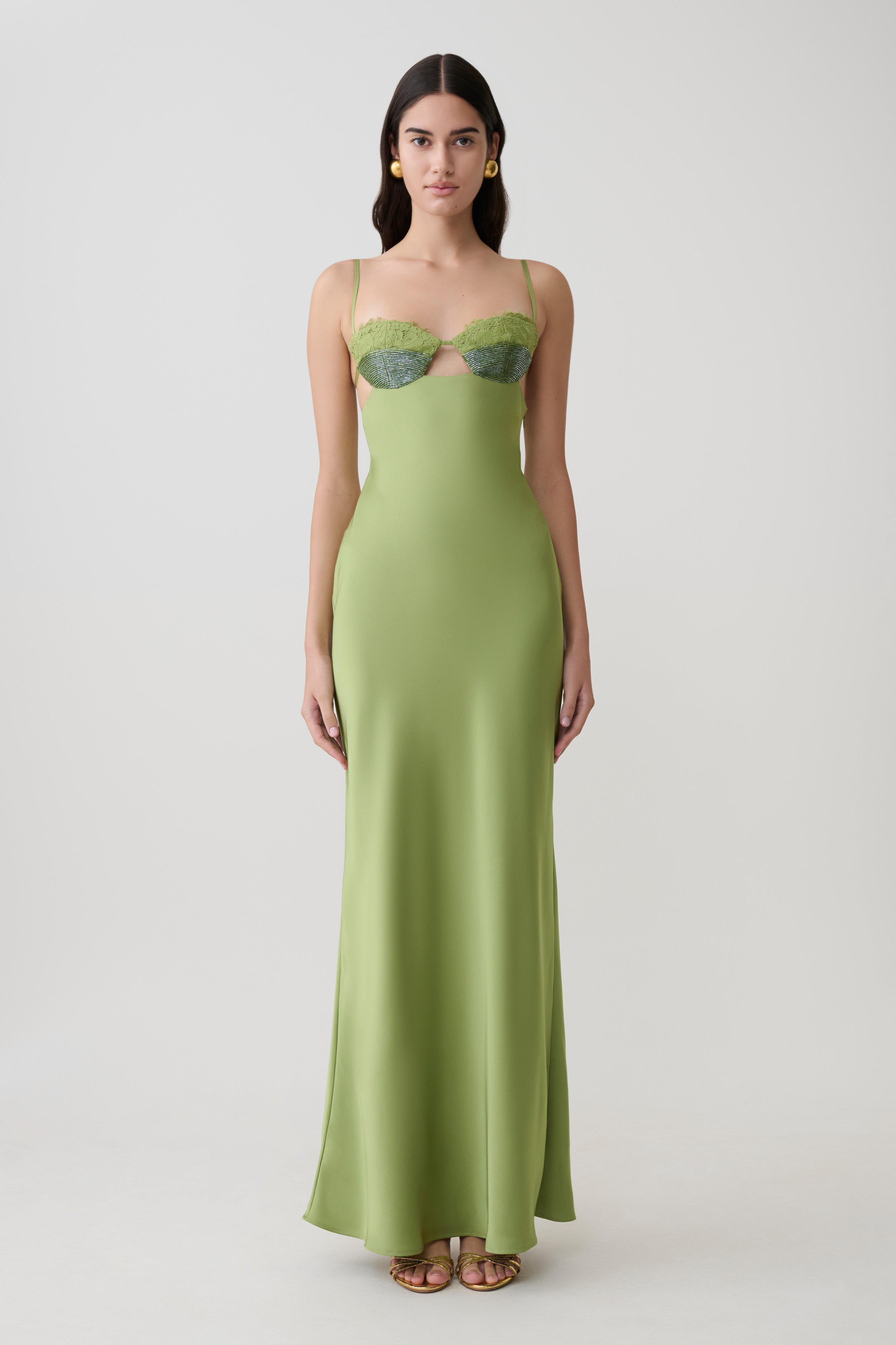 Fiorella Embellished Satin Maxi Dress - Pistachio