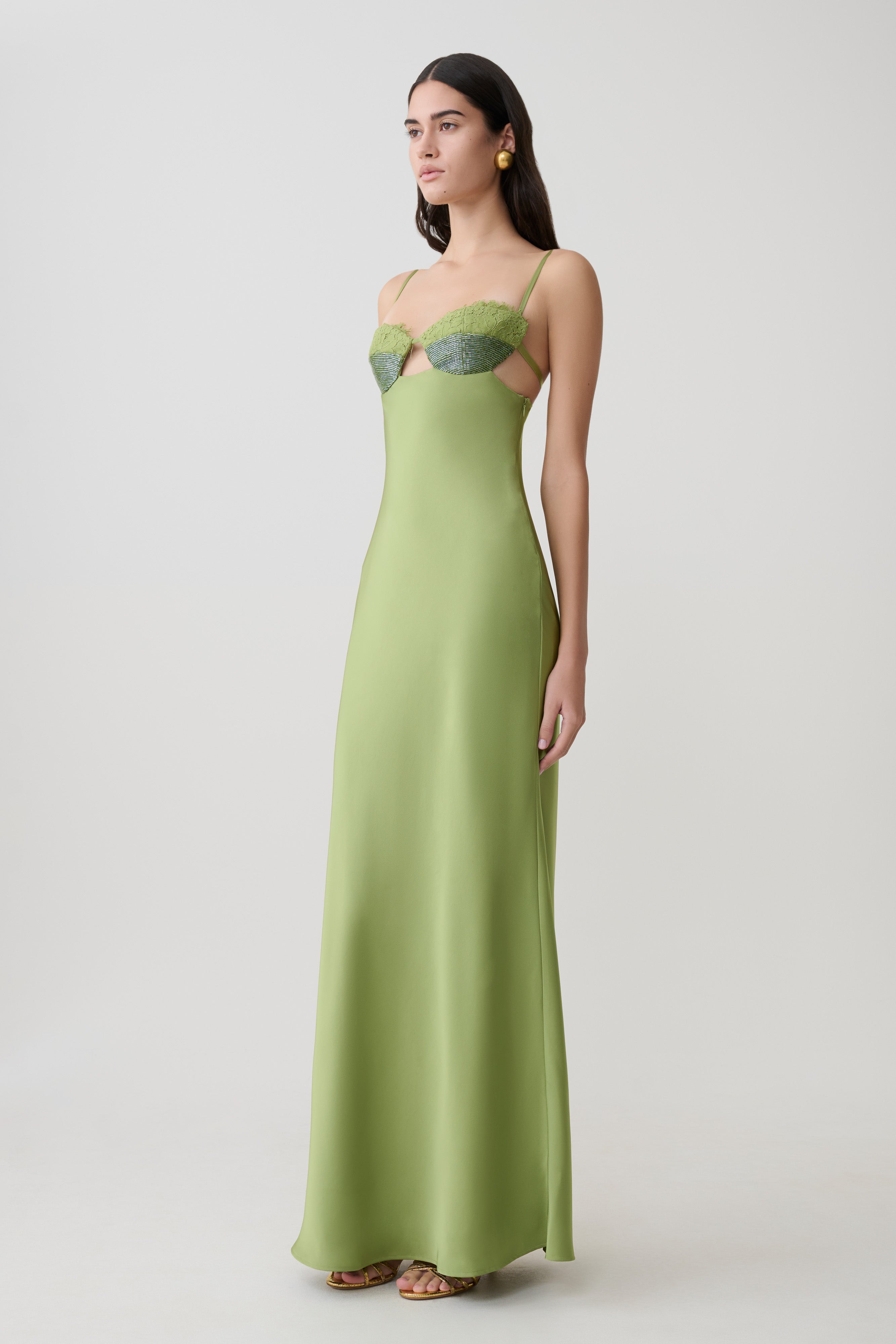 Fiorella Embellished Satin Maxi Dress - Pistachio