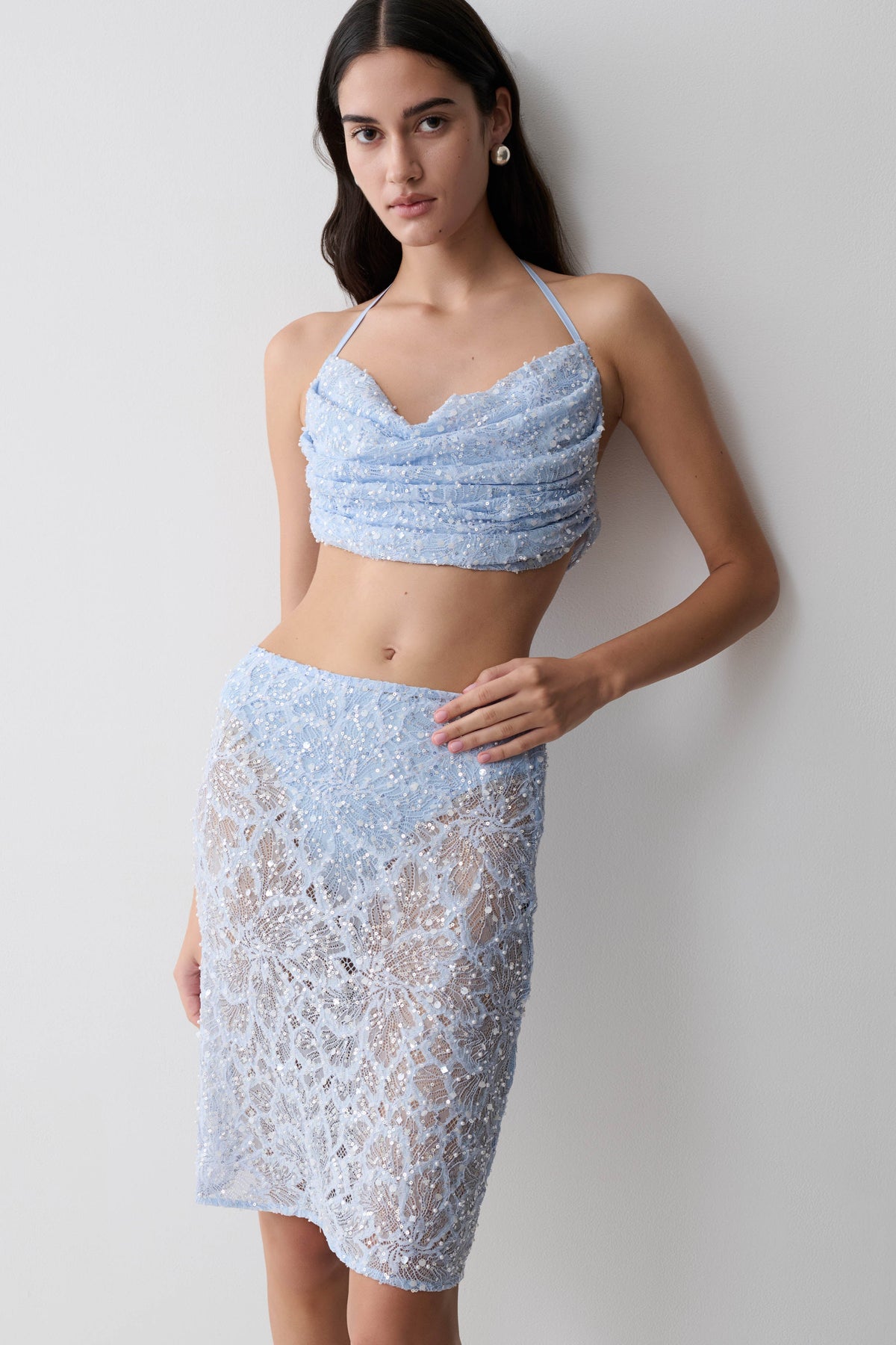 Kiara Pearl Beaded Midi Skirt - Powder Blue