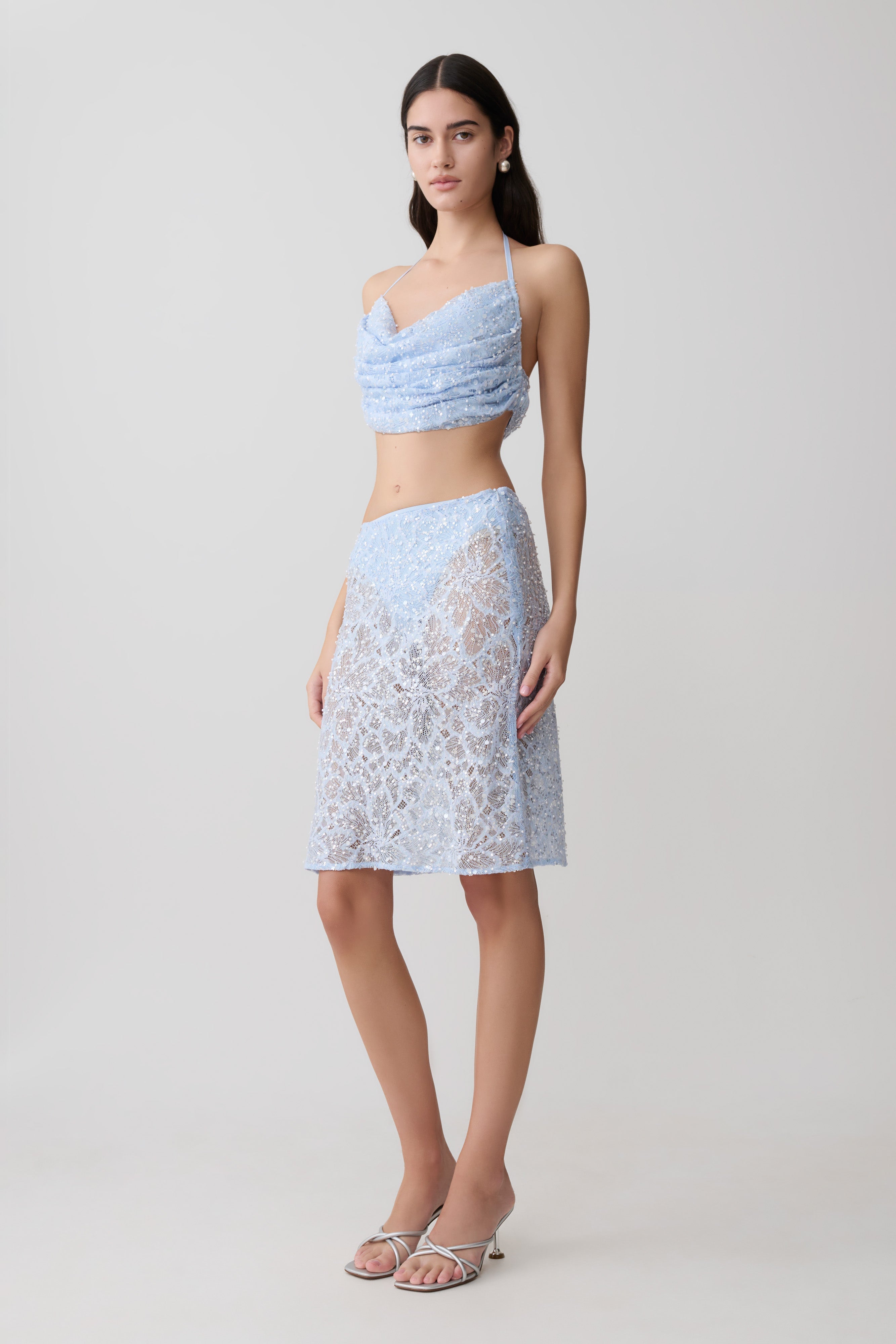 Kiara Pearl Beaded Cowl Crop Top - Powder Blue