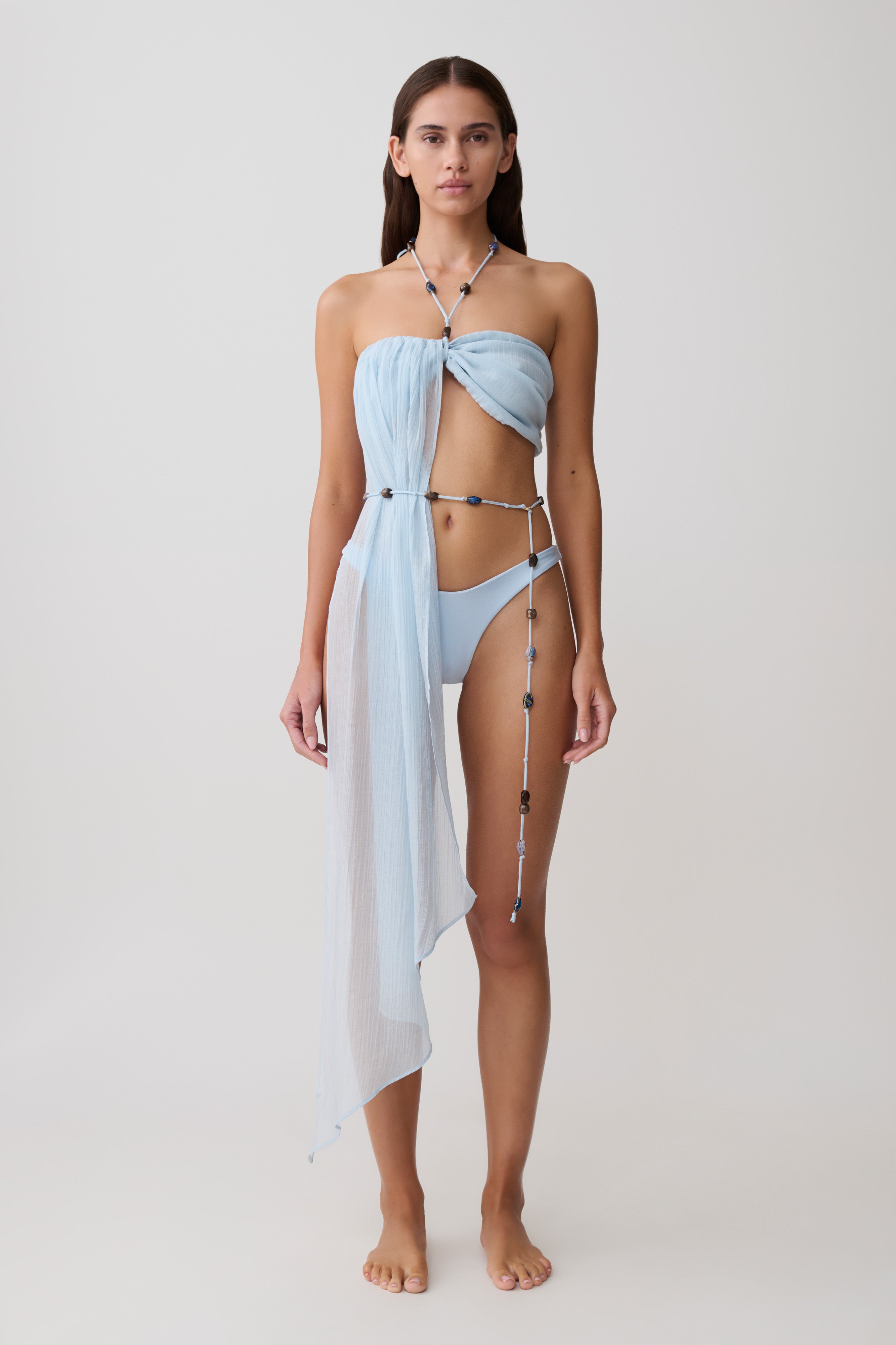 Kai Beaded Draped Scarf Top - Pale Blue