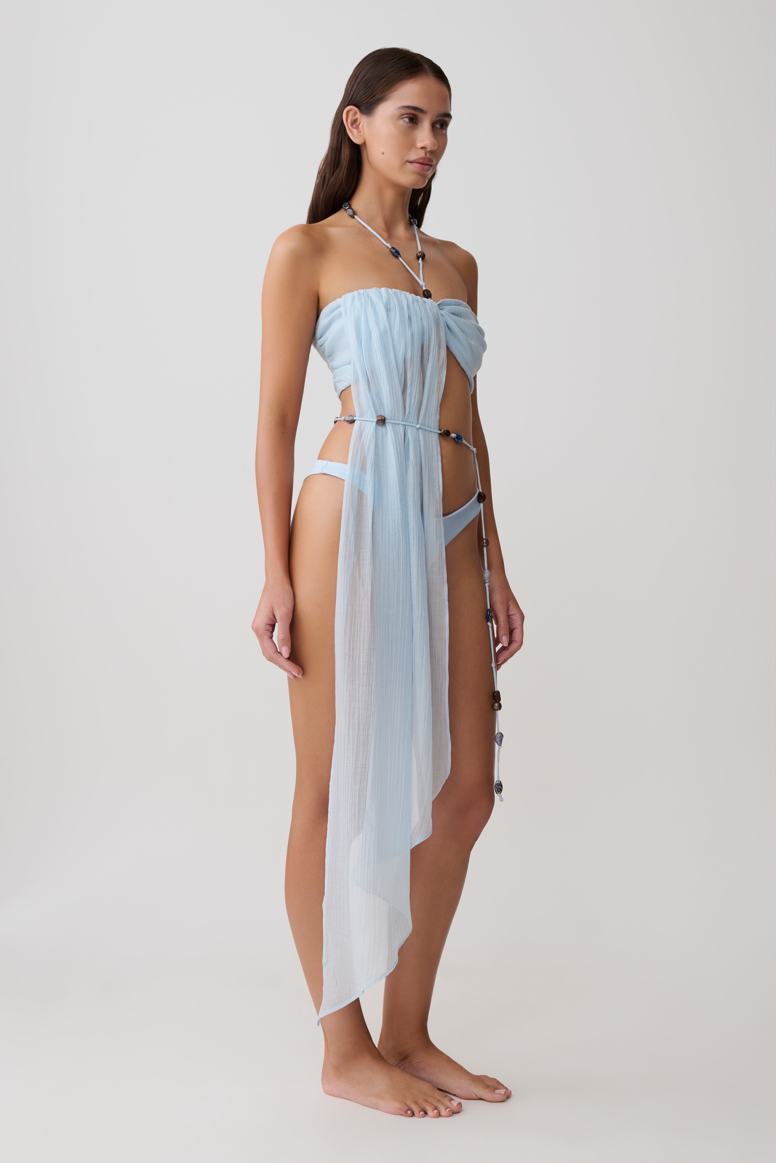 Kai Beaded Draped Scarf Top - Pale Blue