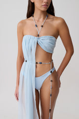 Kai Beaded Draped Scarf Top - Pale Blue
