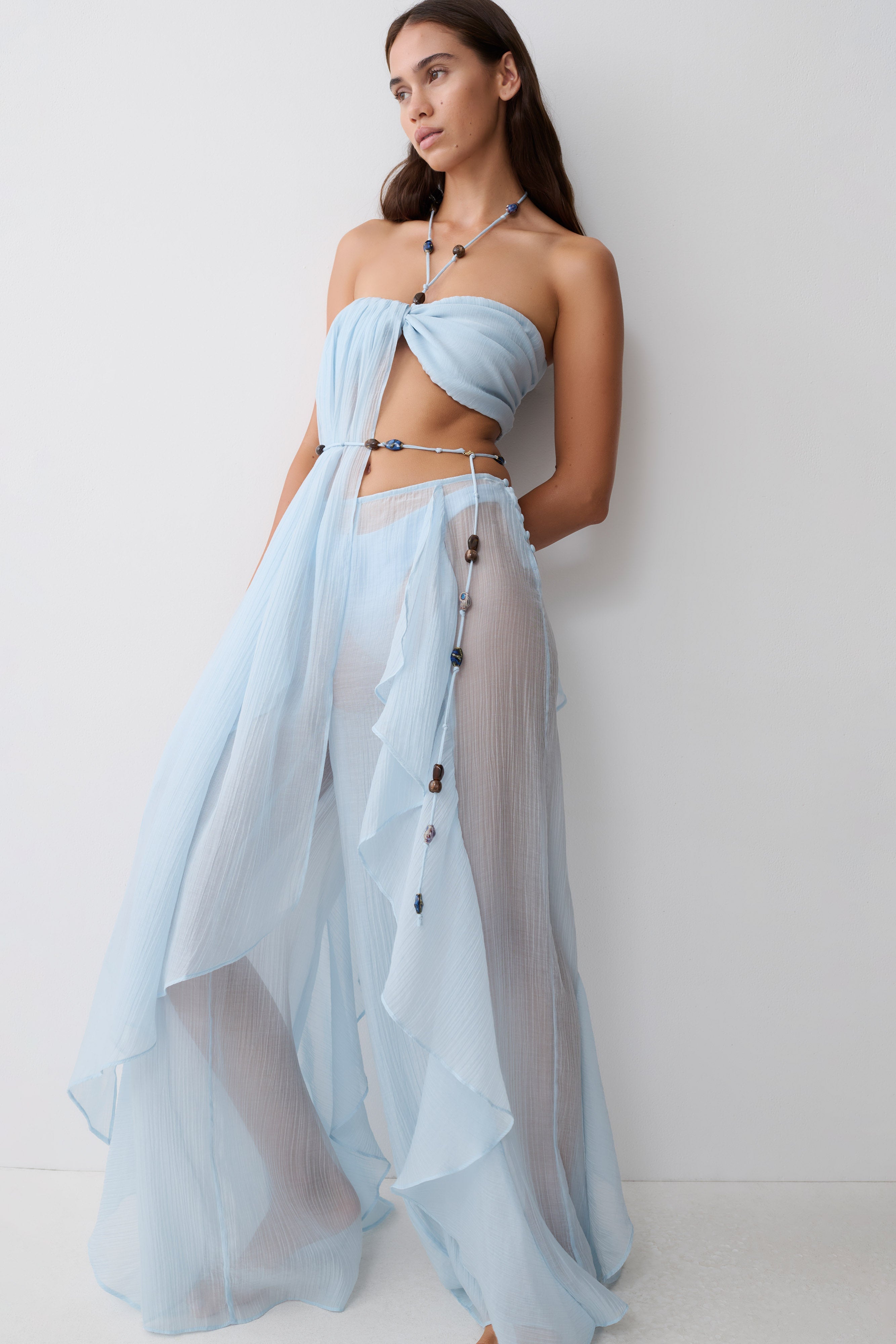 Kai Beaded Draped Scarf Top - Pale Blue
