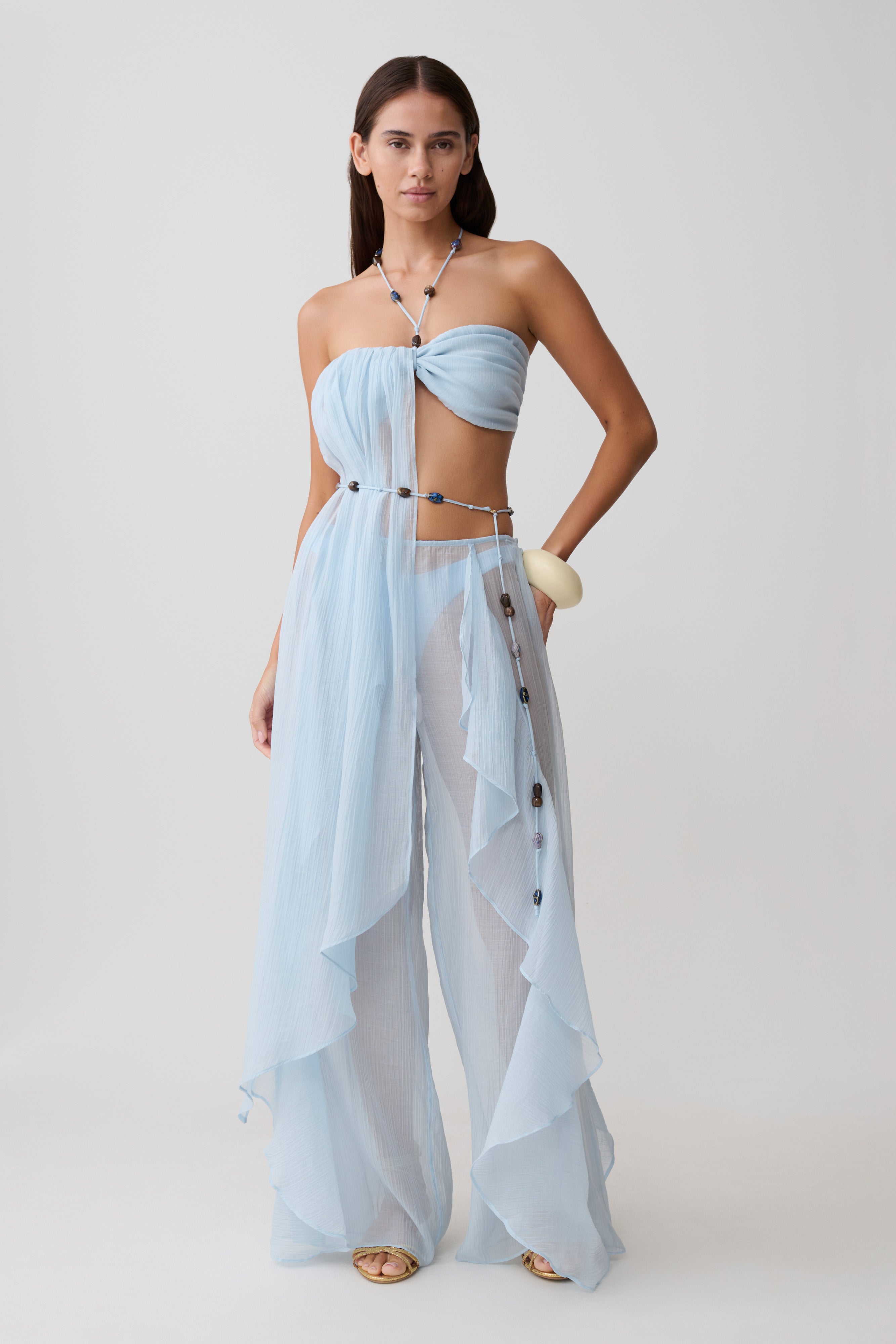 Kai Sheer Draped Ruffle Pant - Pale Blue