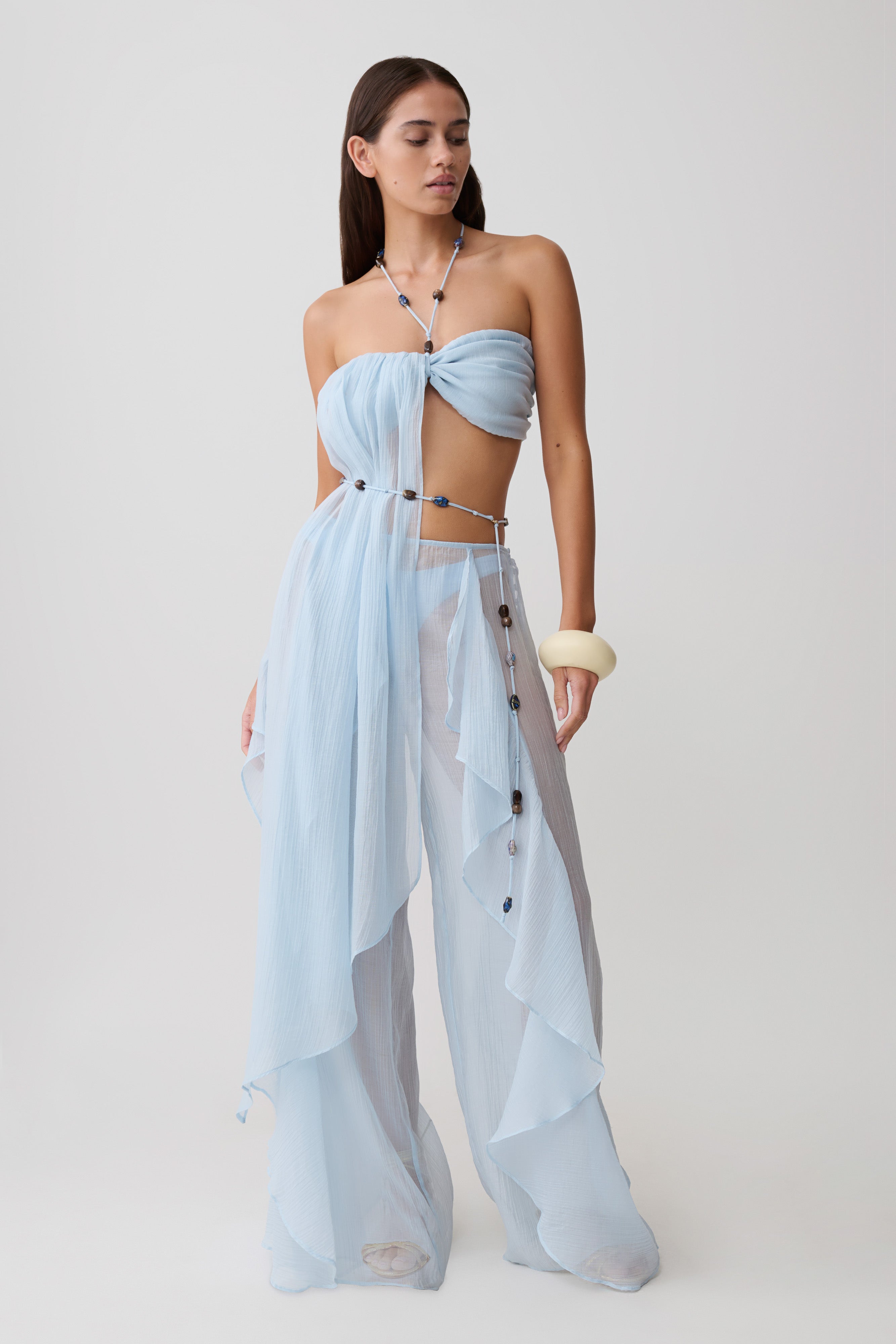 Kai Sheer Draped Ruffle Pant - Pale Blue