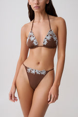 Bloom Embroidered Bikini Bottom - Chocolate With Pale Blue Embroidery