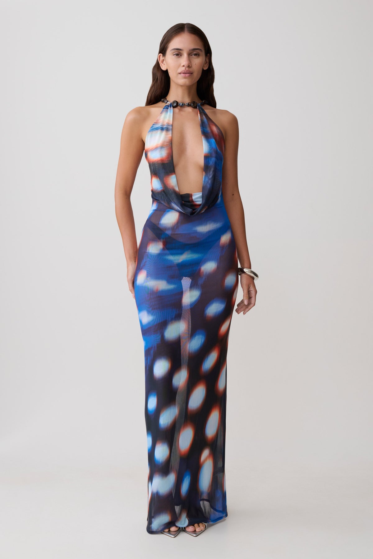 Ethel Mesh Cowl Plunge Maxi - Blue Abstract Print
