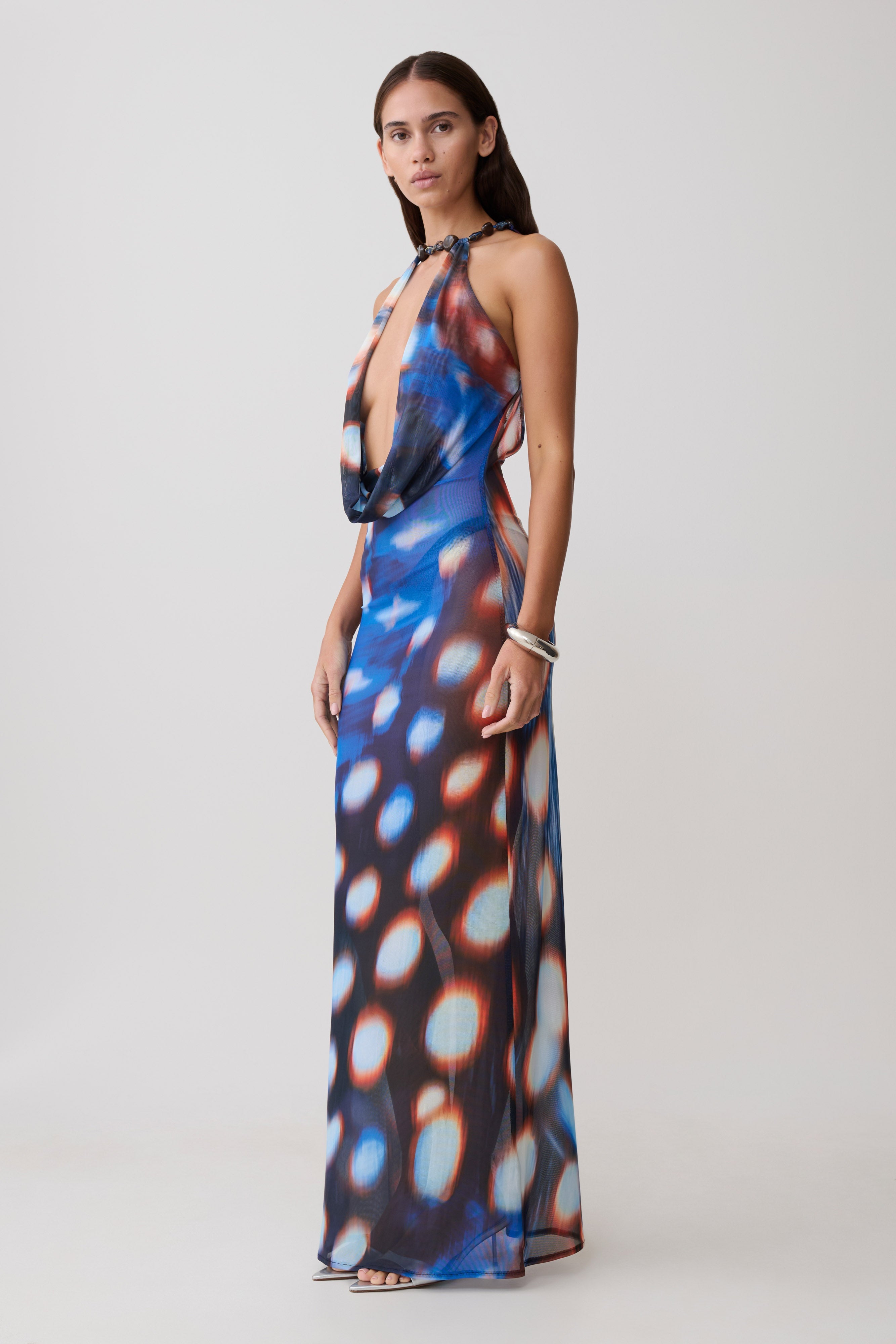 Ethel Mesh Cowl Plunge Maxi - Blue Abstract Print