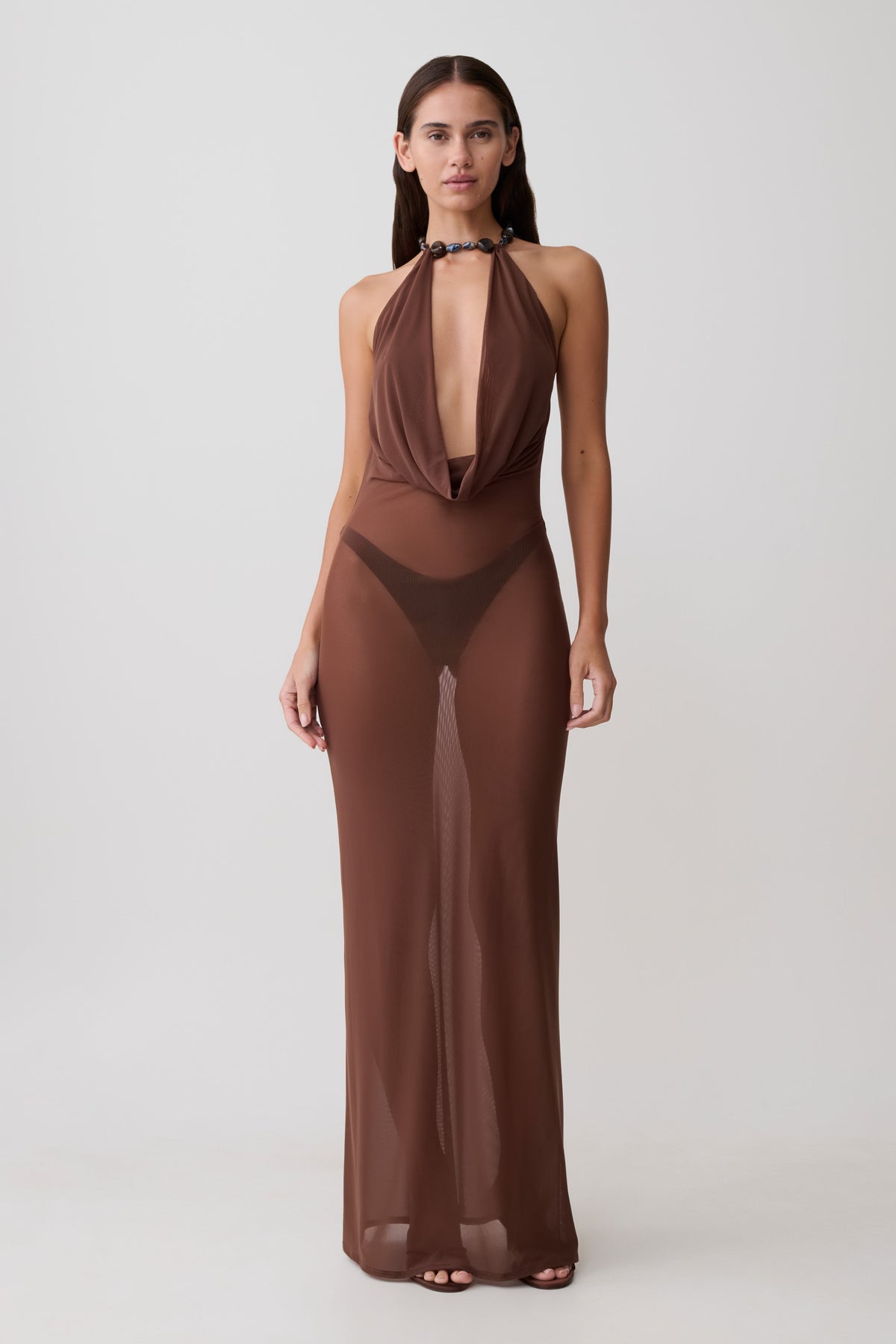 Ethal Mesh Cowl Neck Beaded Maxi Dress - Chocolate