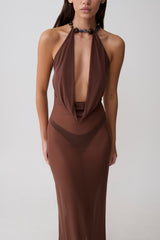 Ethal Mesh Cowl Neck Beaded Maxi Dress - Chocolate