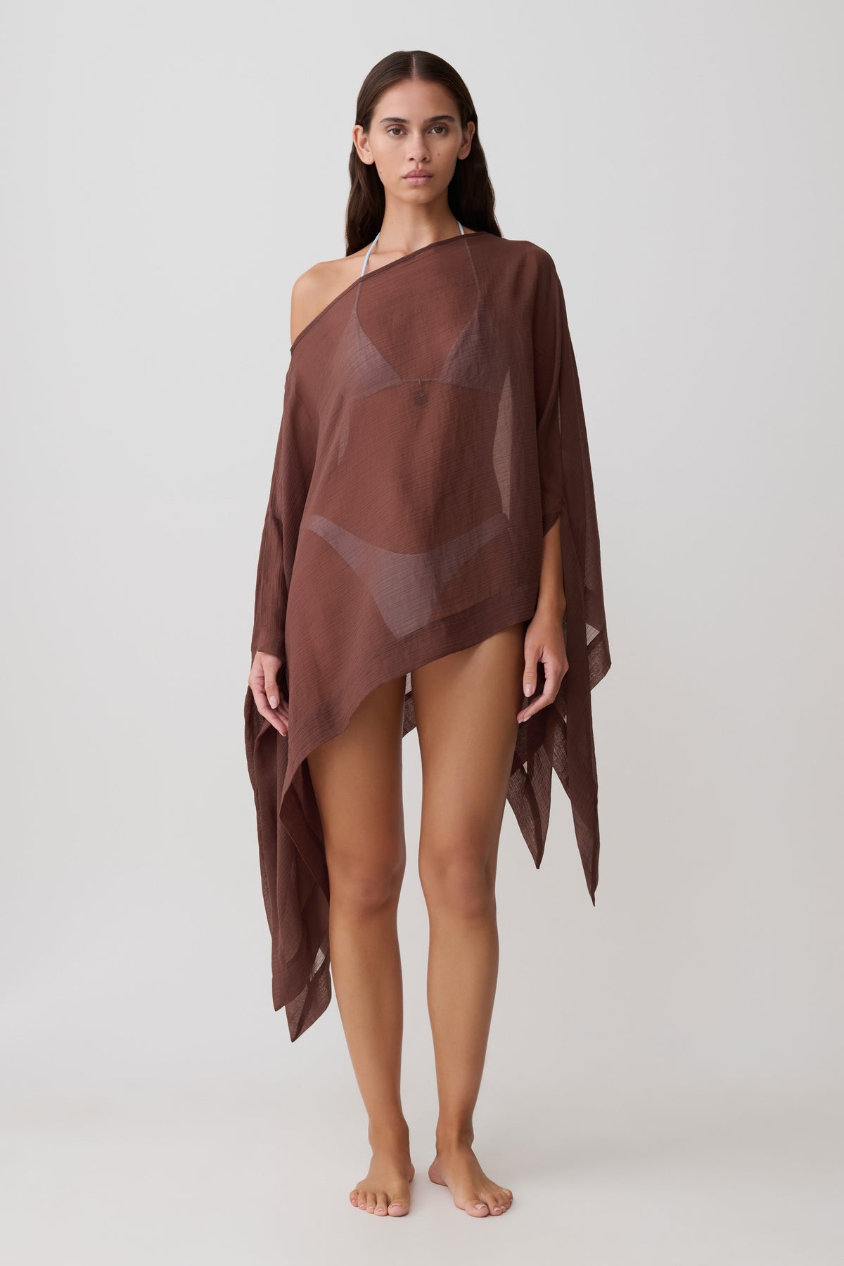 Leilani Sheer Draped Asymmetric Top - Chocolate