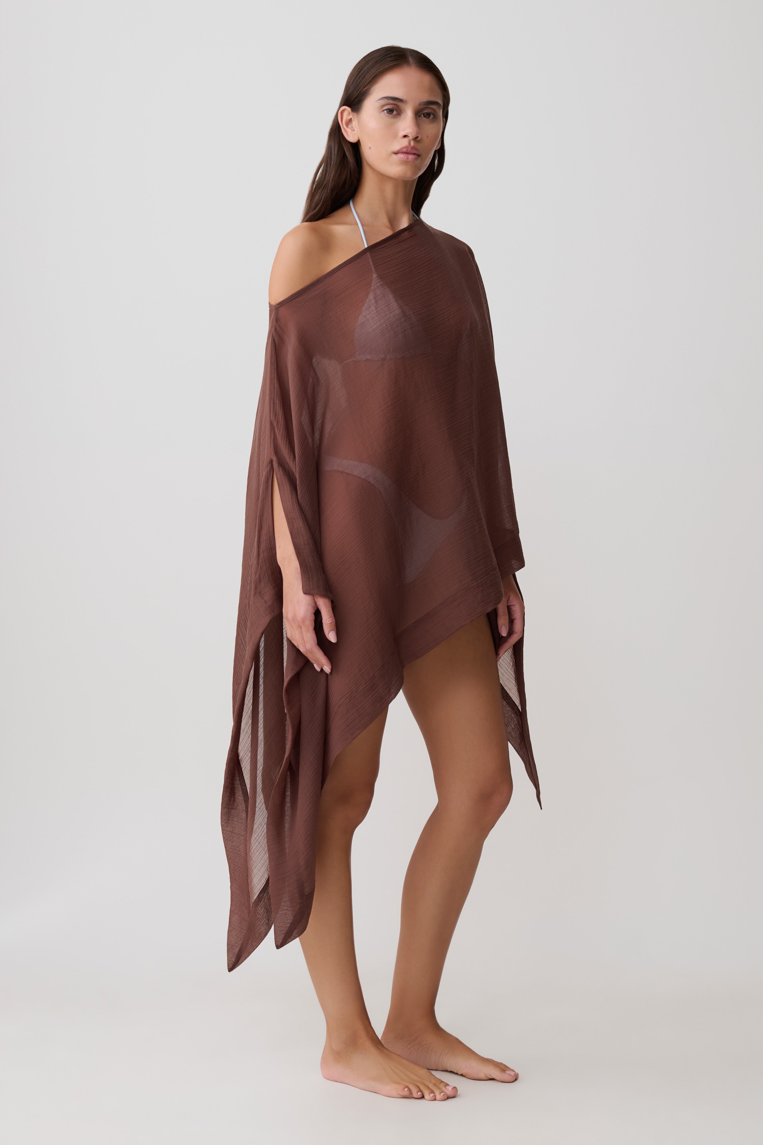Leilani Sheer Draped Asymmetric Top - Chocolate