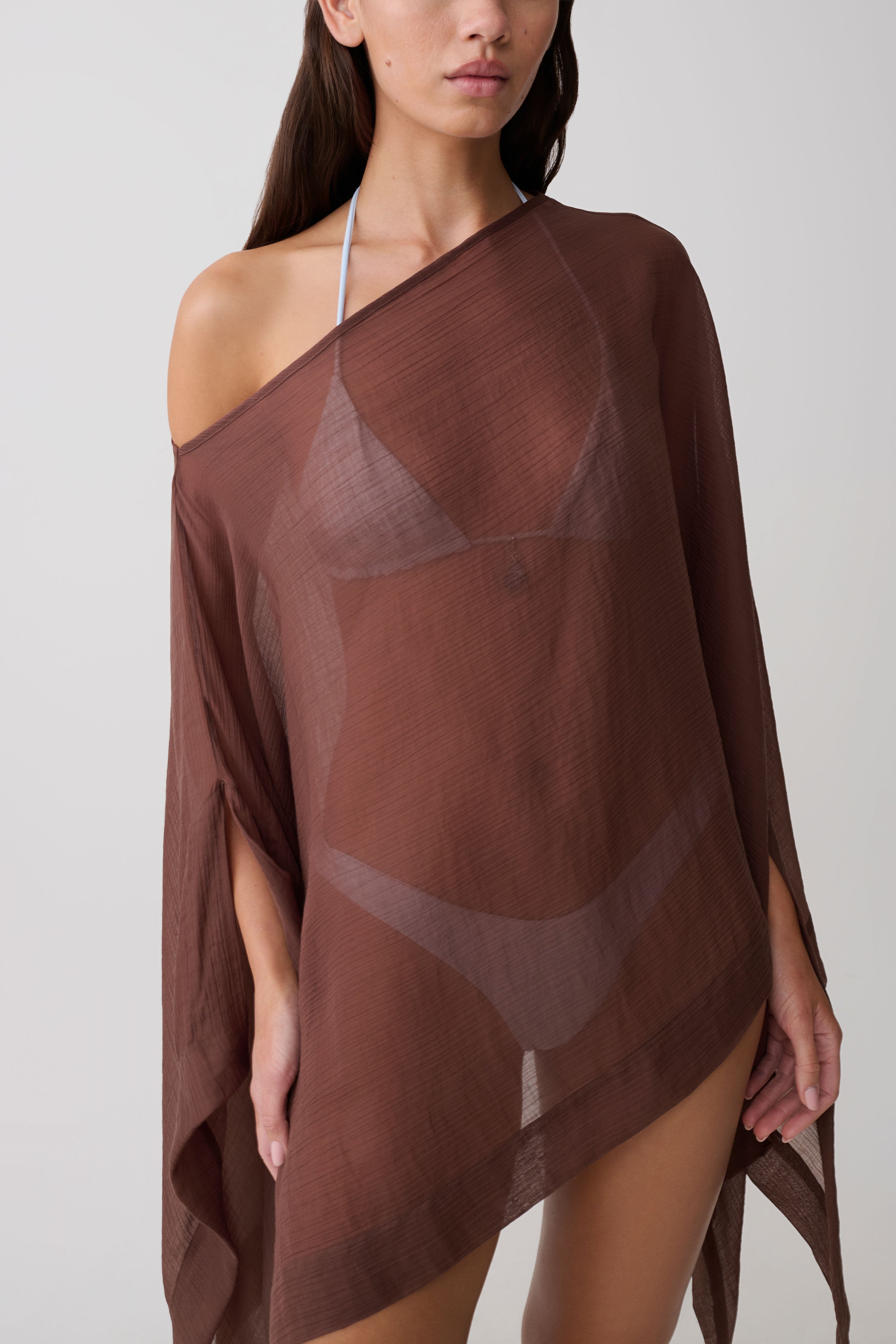 Leilani Sheer Draped Asymmetric Top - Chocolate