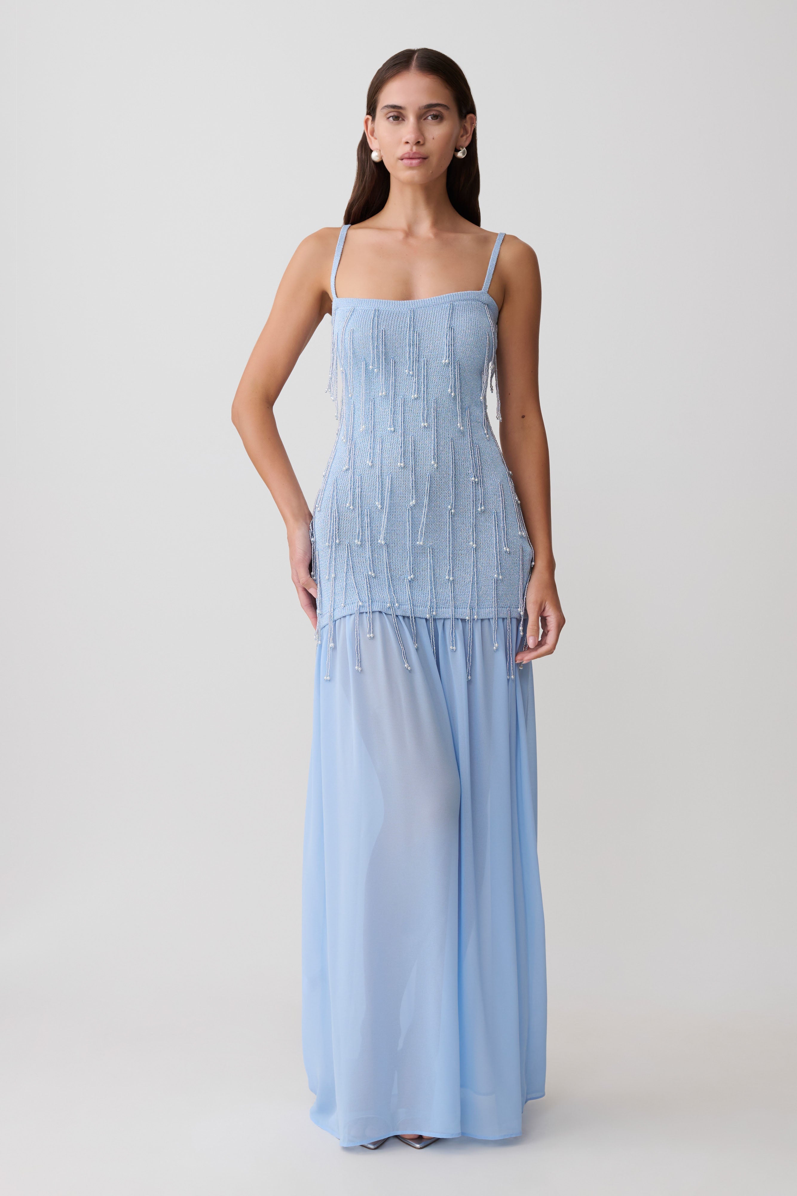 Belinda Beaded Knit & Chiffon Maxi Dress - Light Blue