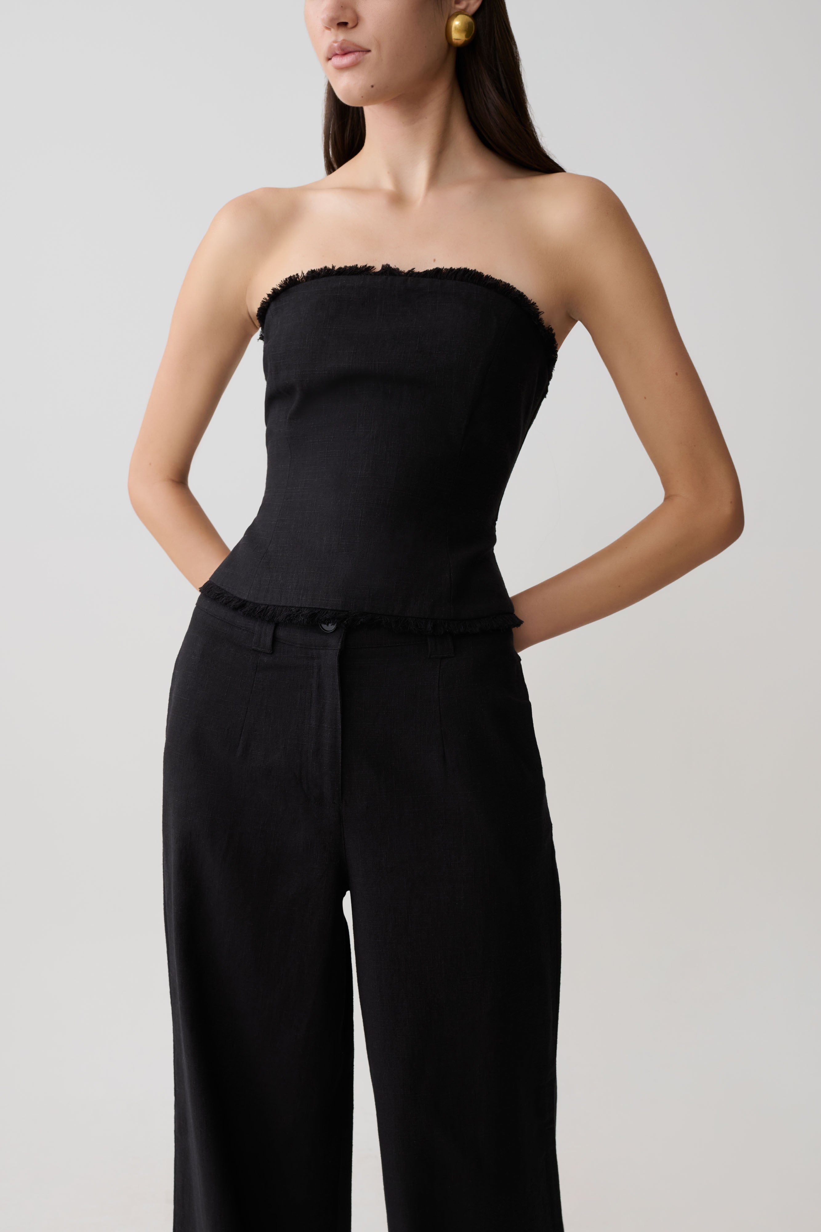 Annie Strapless Tie Back Linen Top - Black