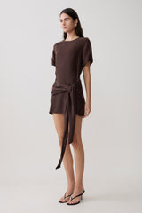 Felicity Short Sleeve Dress With Waist Tie - Dark Chocolate