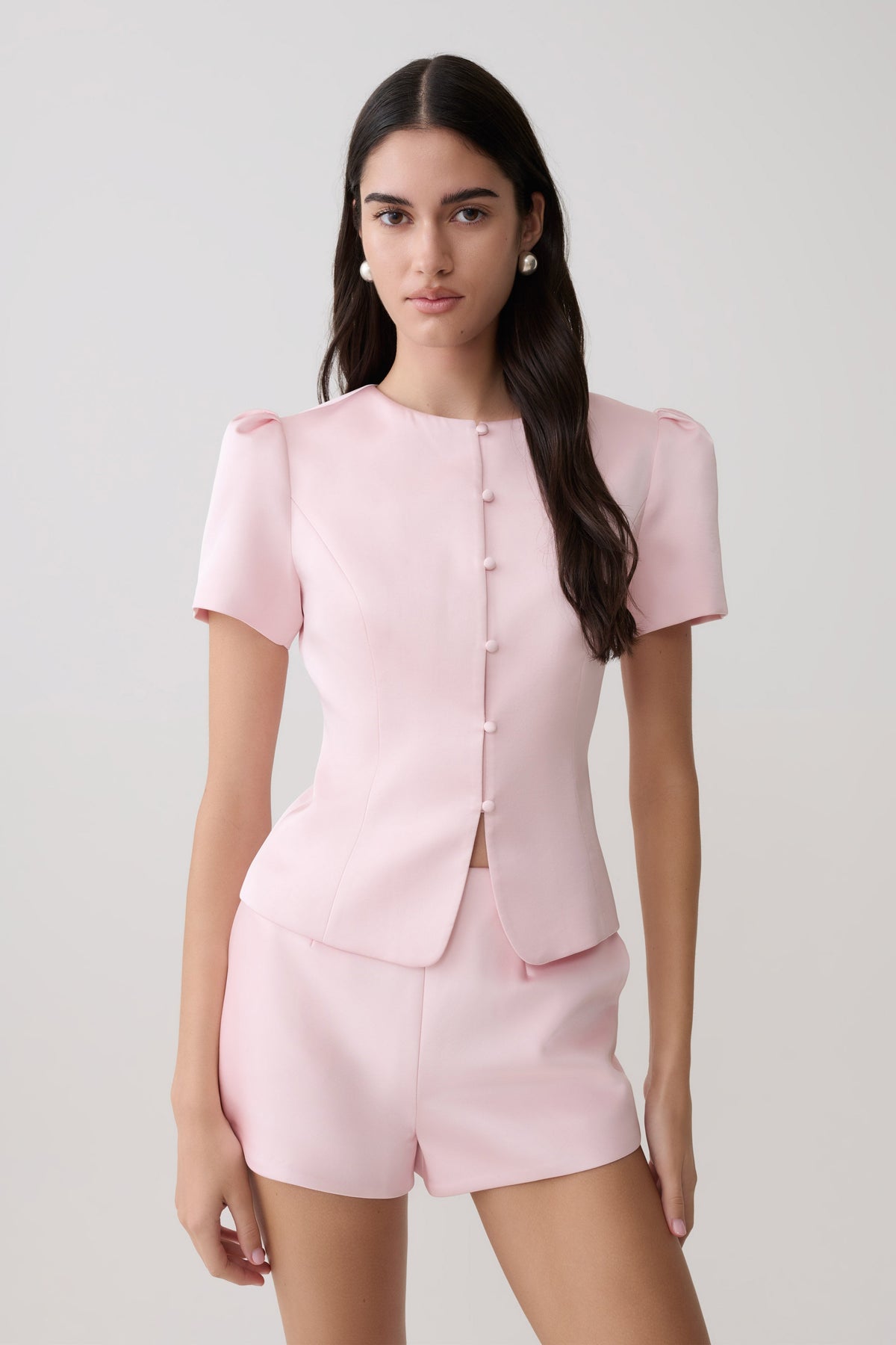 Anne Short Sleeve Satin Top - Pale Pink