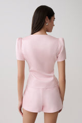 Anne Short Sleeve Satin Top - Pale Pink