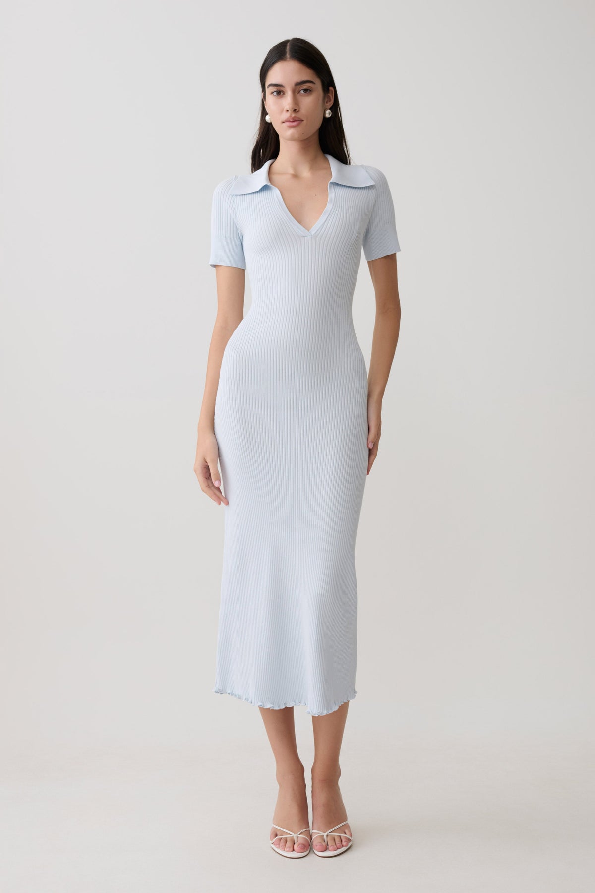 Nichelle Short Sleeve Collared Knit Midi Dress - Light Blue