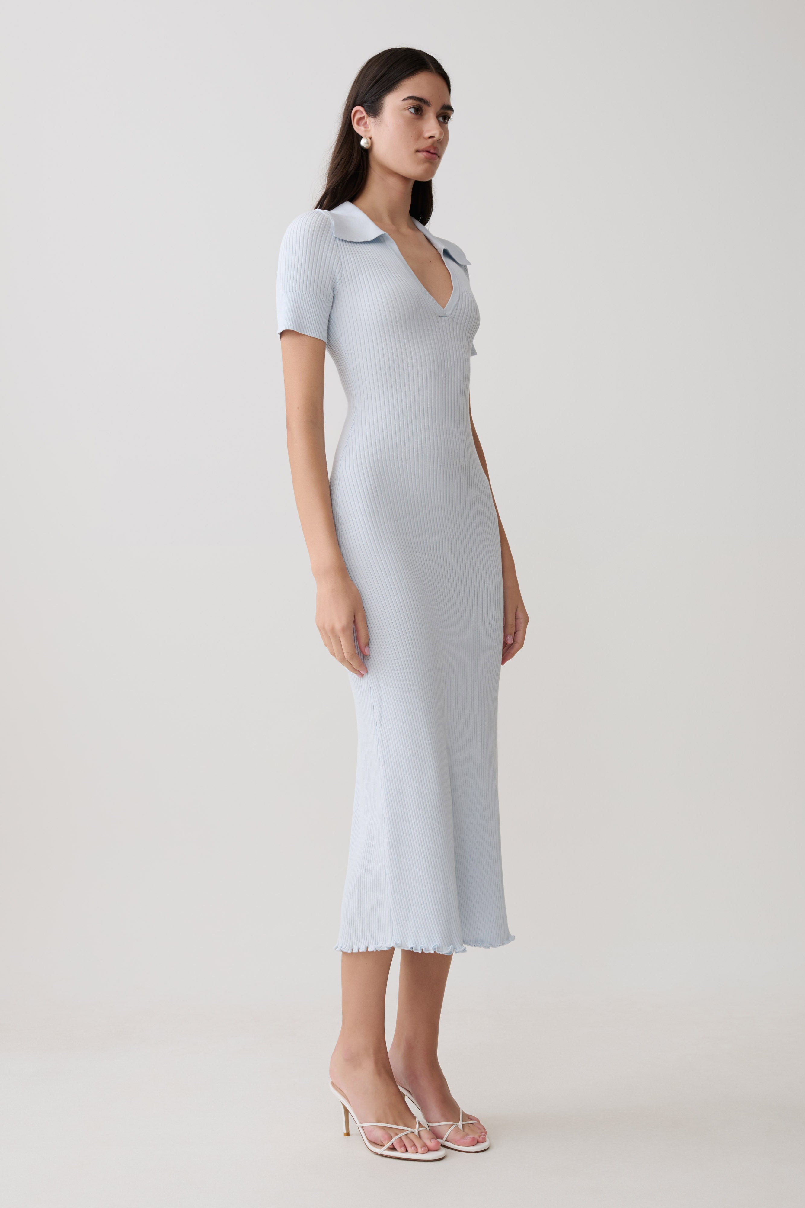 Nichelle Short Sleeve Collared Knit Midi Dress - Light Blue