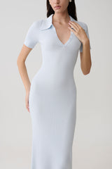 Nichelle Short Sleeve Collared Knit Midi Dress - Light Blue