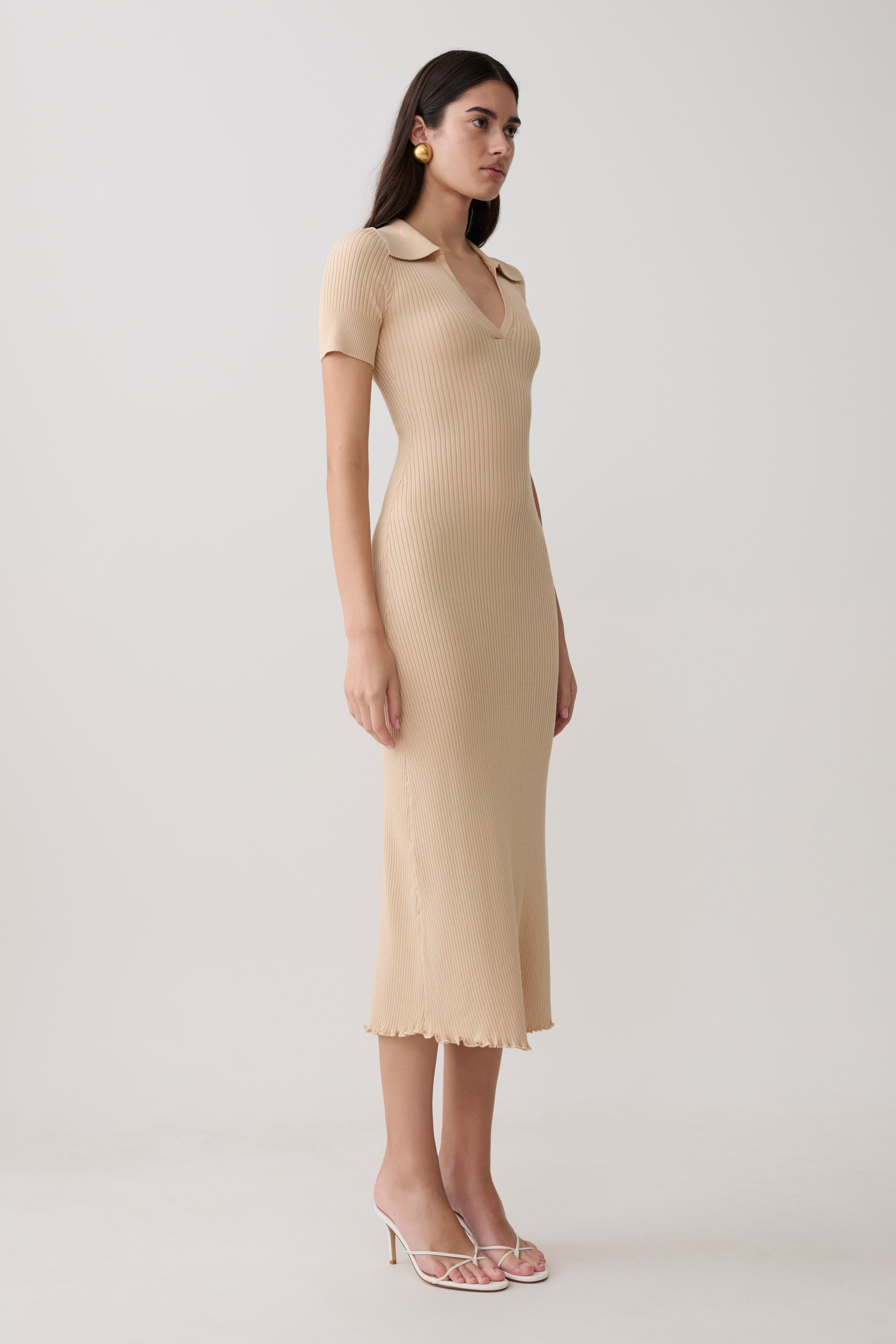 Nichelle Short Sleeve Collared Knit Midi Dress - Natural
