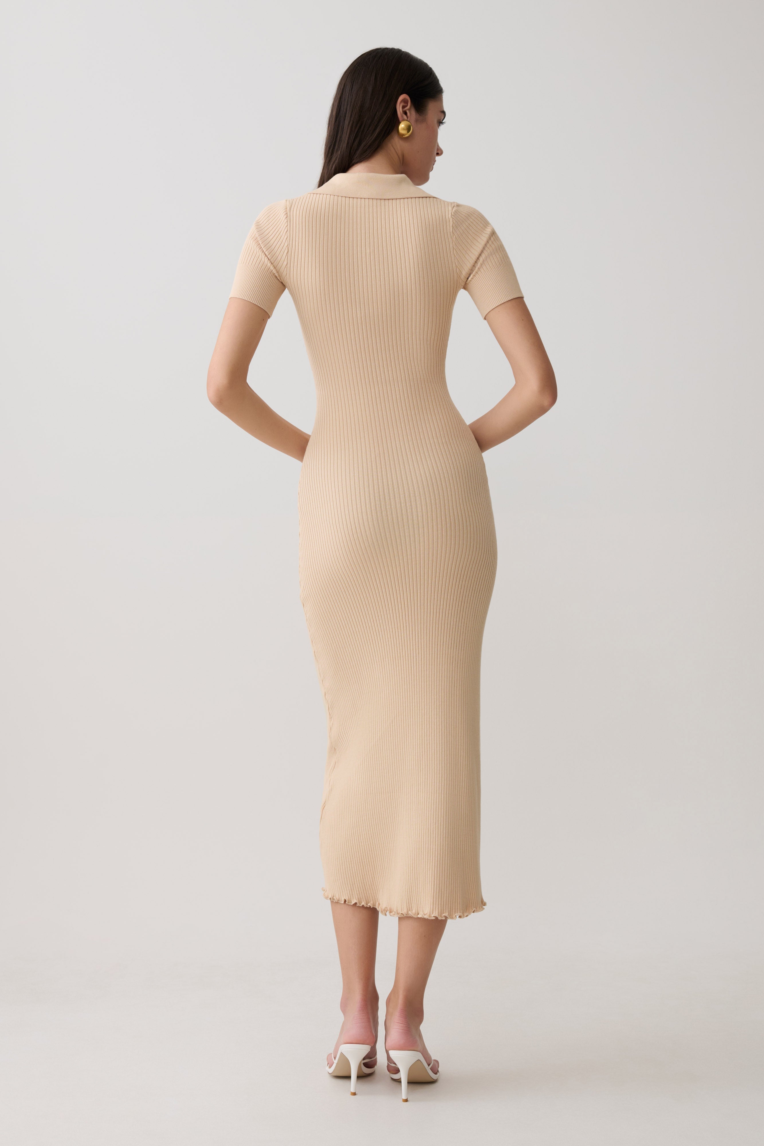 Nichelle Short Sleeve Collared Knit Midi Dress - Natural