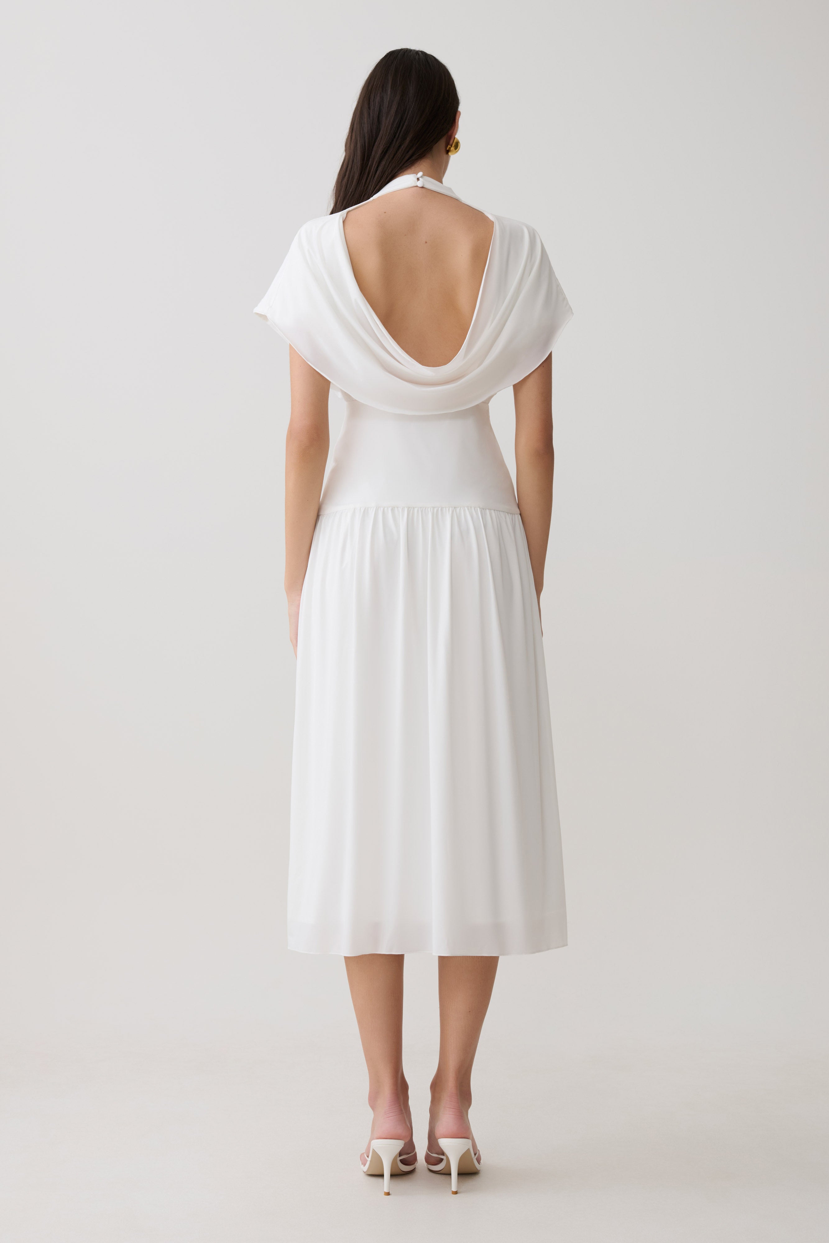 Ailla High Neck Cowl Midi Dress - White