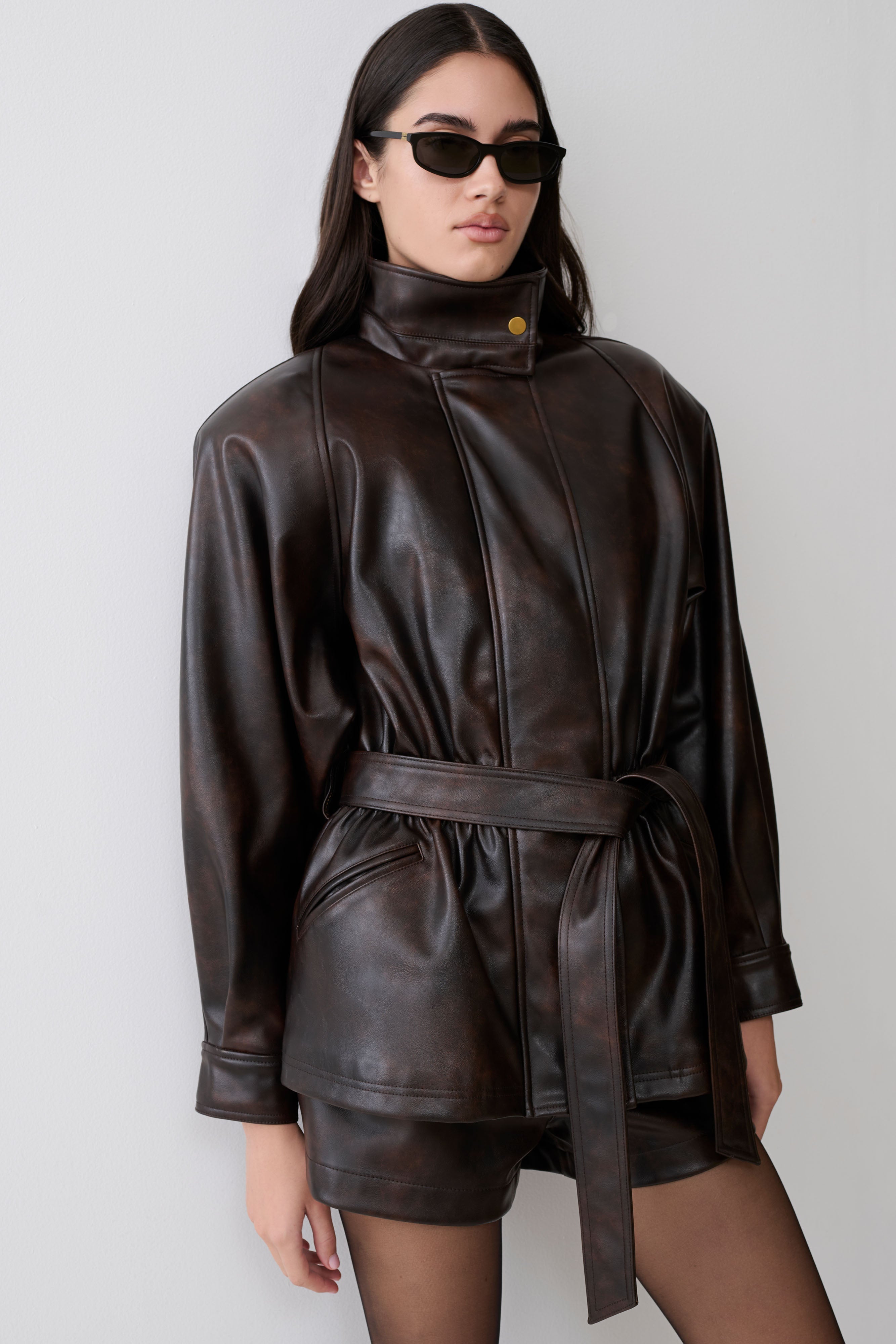 Adaline Faux Leather Cinch Waist Jacket - Dark Chocolate