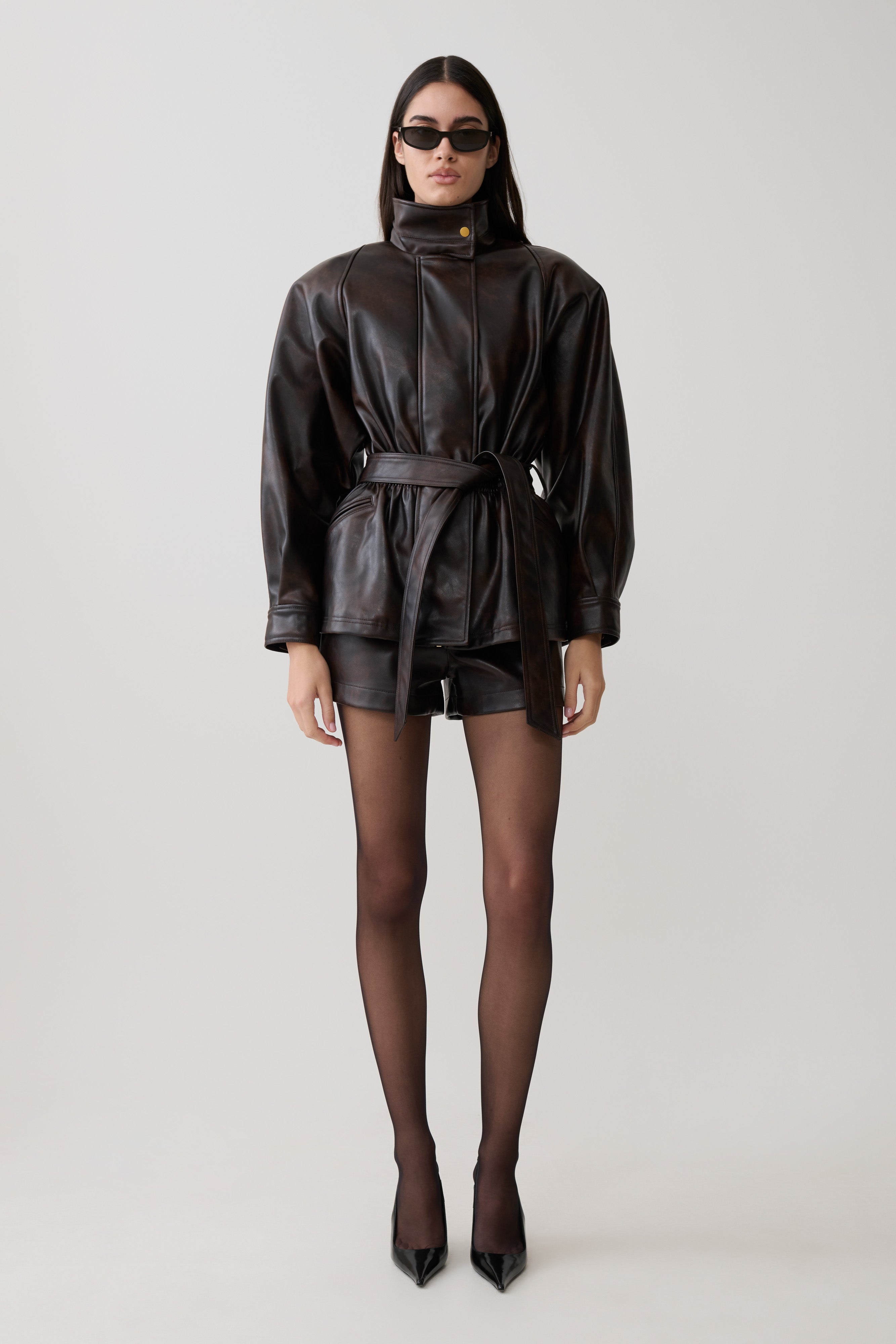 Adaline Faux Leather High Waisted Shorts - Dark Chocolate