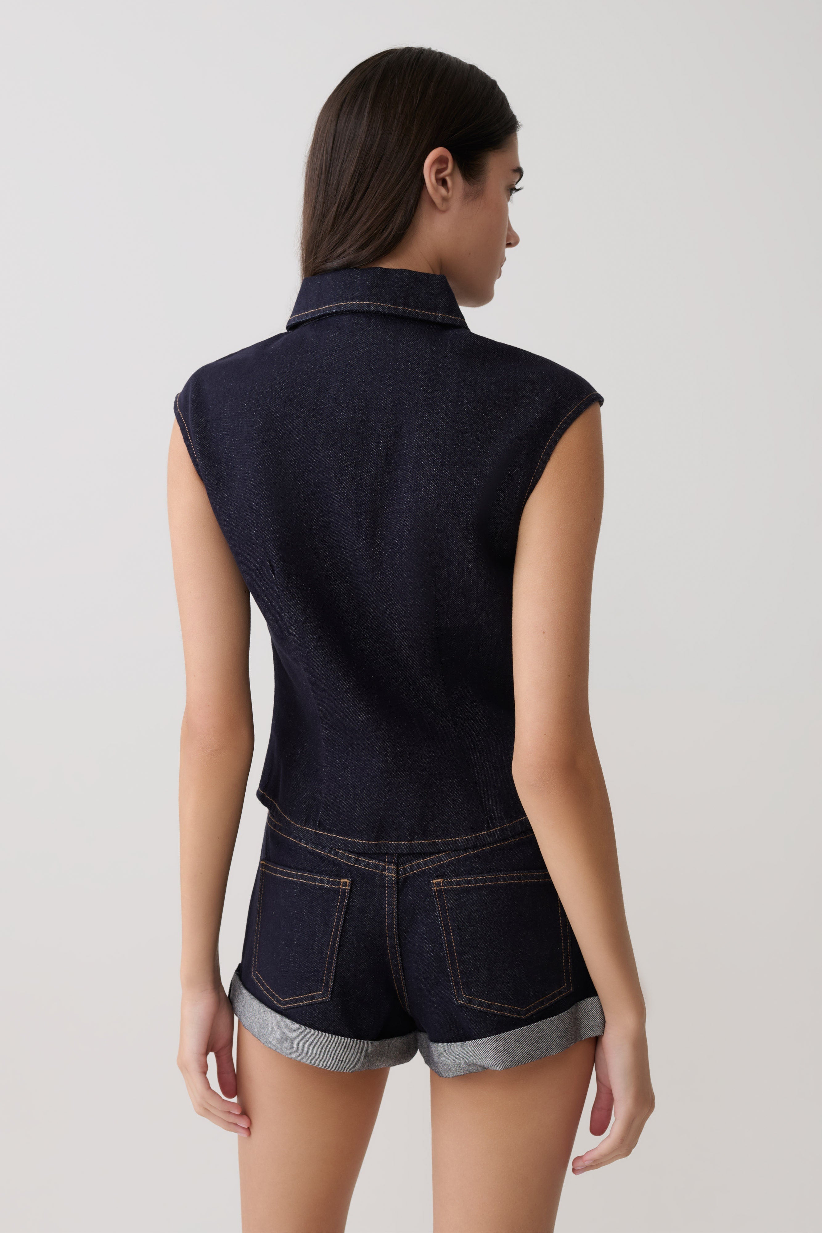 Jeremy Collared Denim Longline Top - Washed Indigo Blue