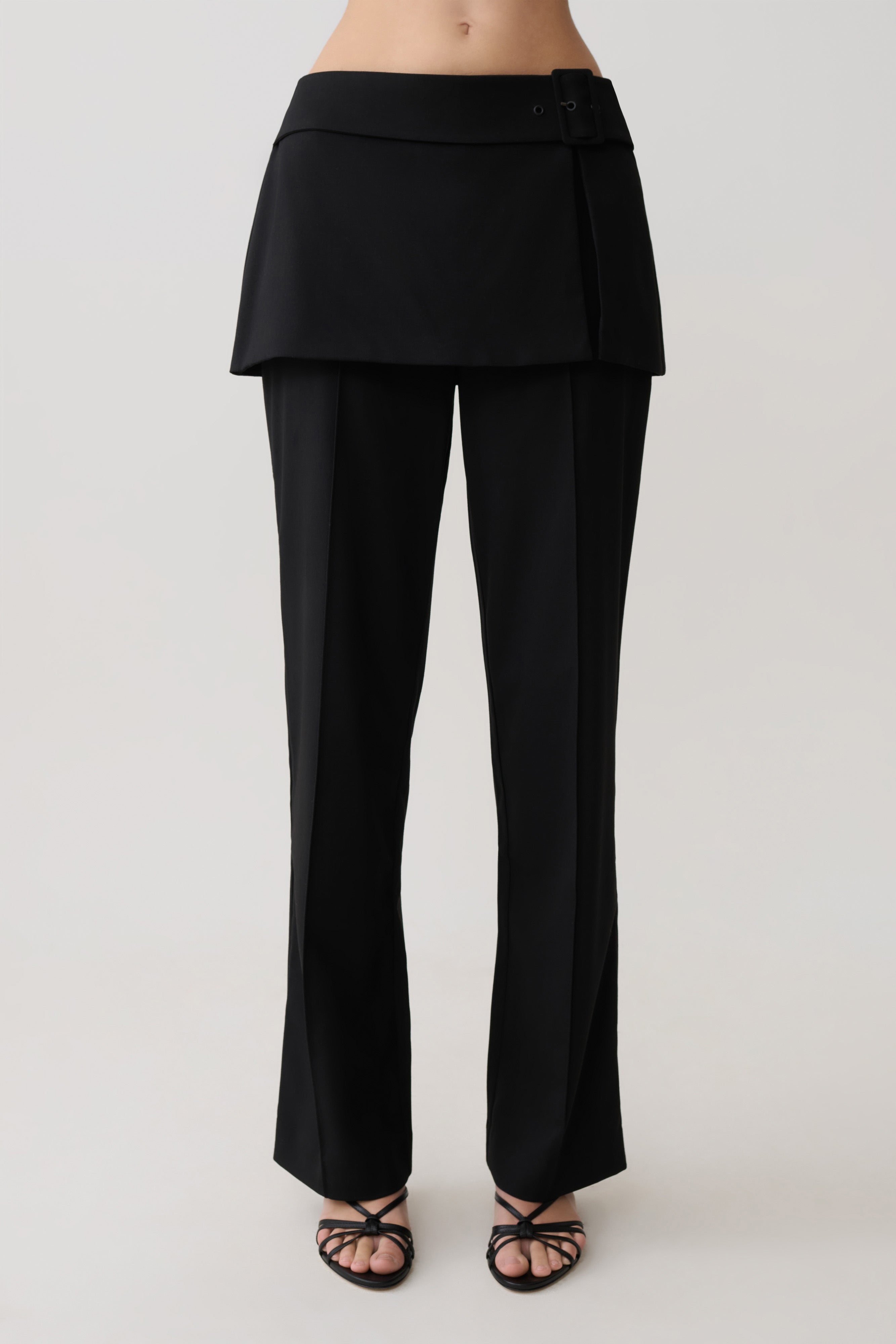 Daisy Wrap Skirt Straight Leg Pants - Black