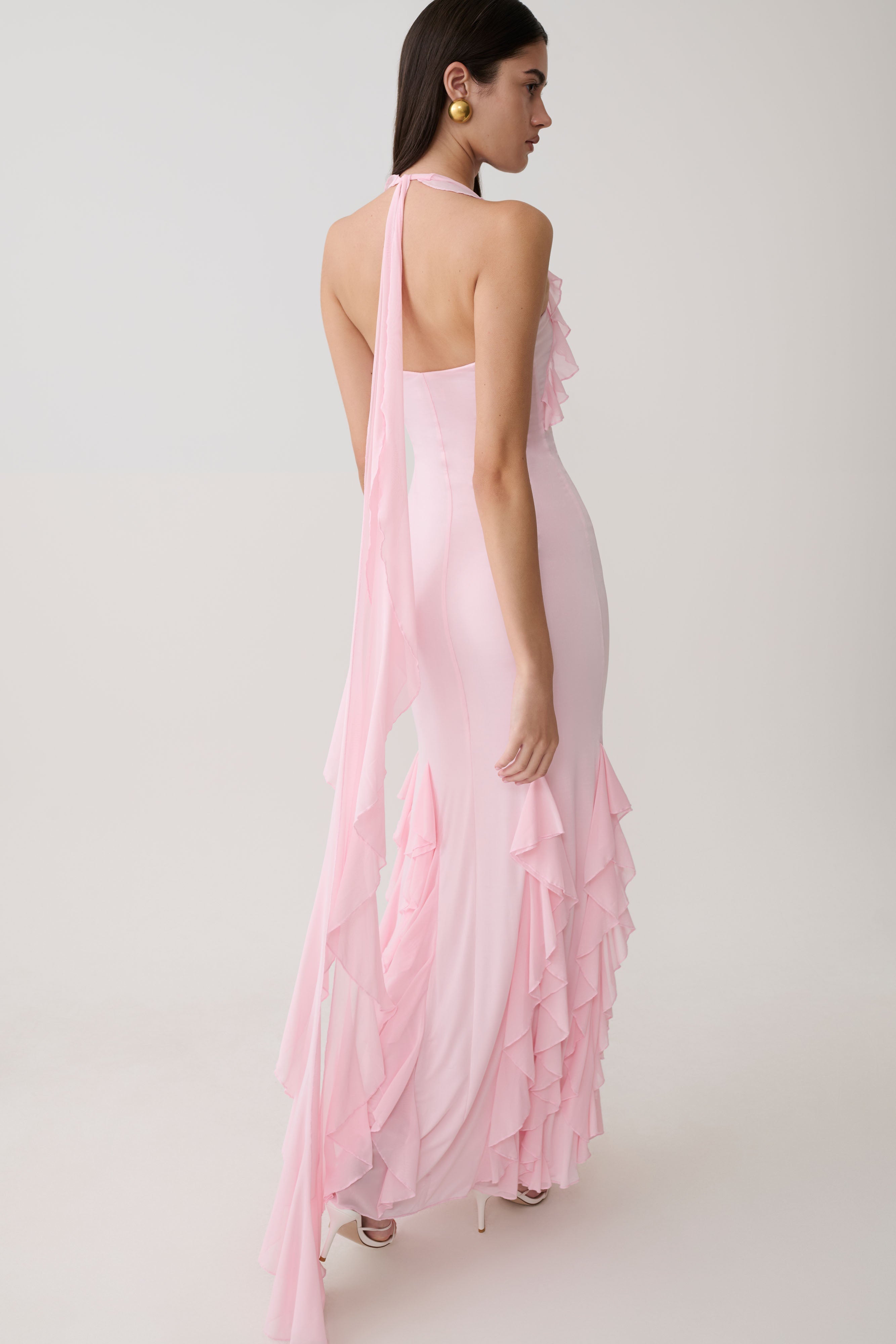 Etta Ruffle Slinky Maxi Dress - Pale Pink