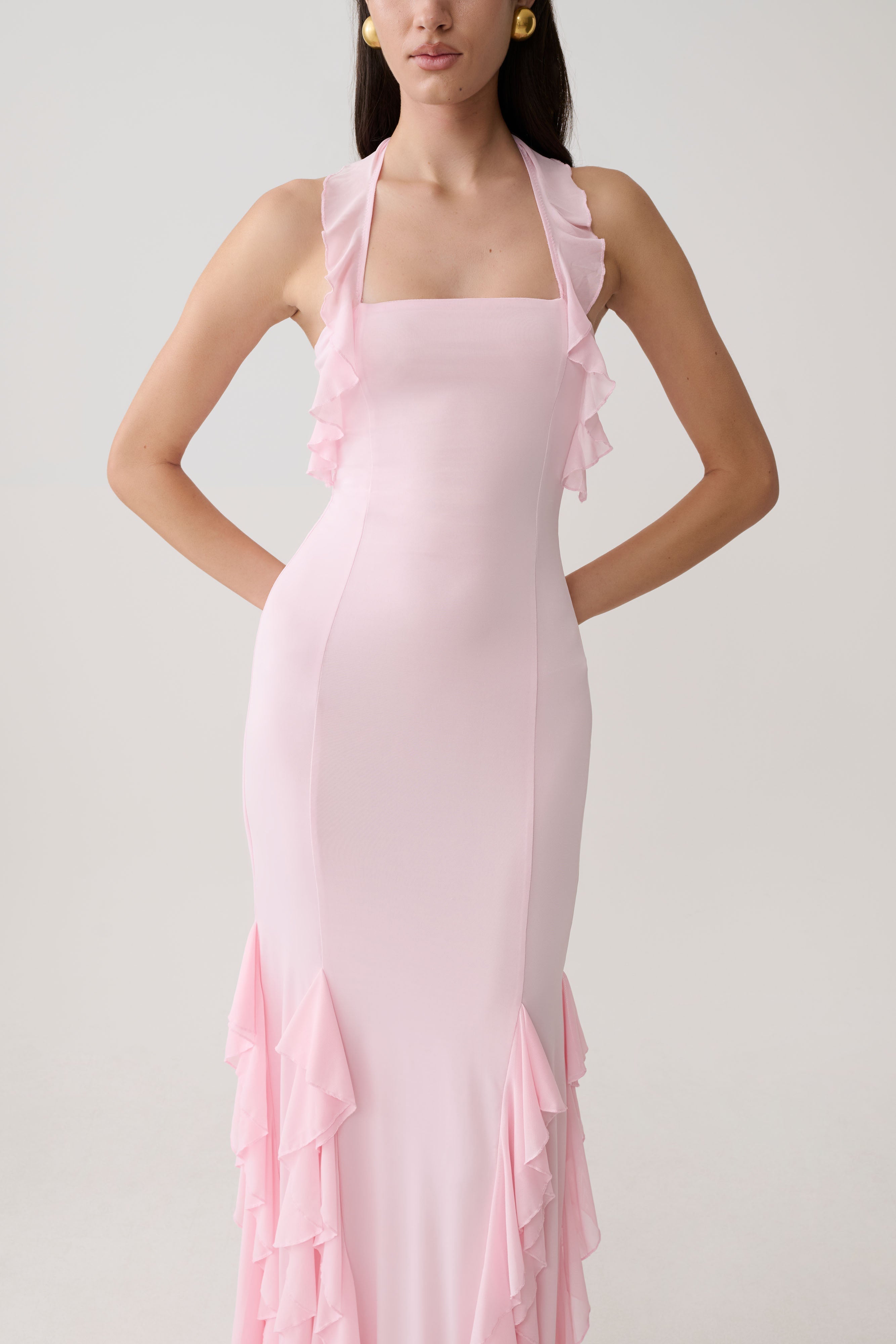 Etta Ruffle Slinky Maxi Dress - Pale Pink